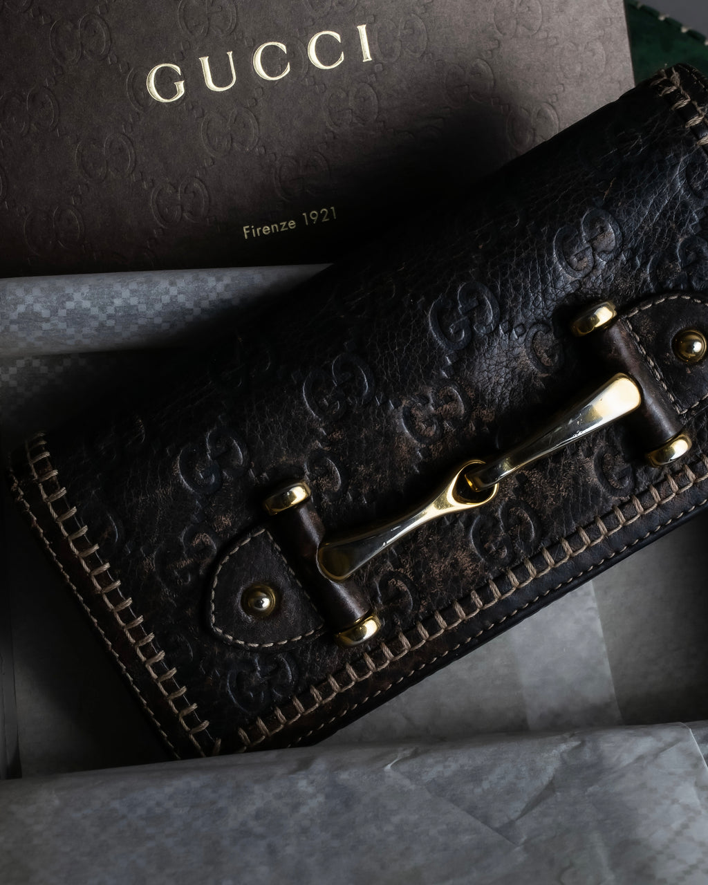 "GUCCI" GG mark embossed leather horsebit long wallet
