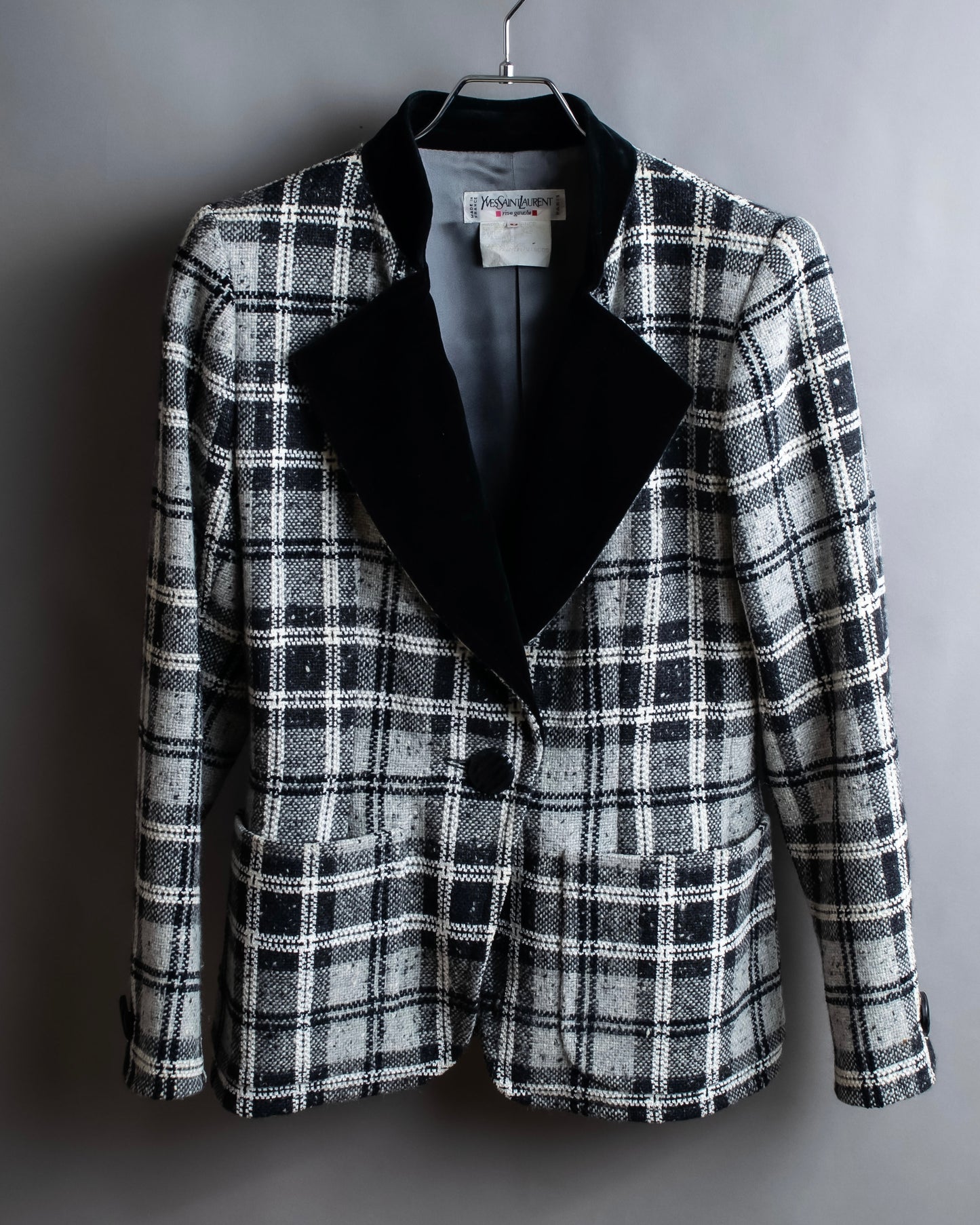 "YVES SAINT LAURENT" Monotone Madras check pattern shaped tailored jacket