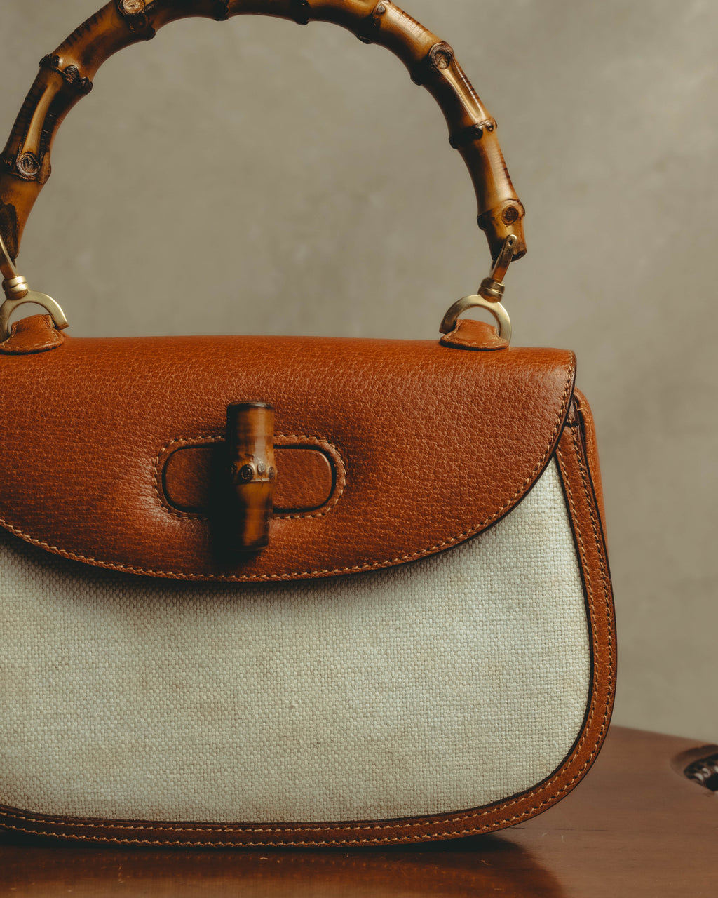 -SPECIAL- “GUCCI” 90’s-00’s Bamboo handle canvas panel top handle bag