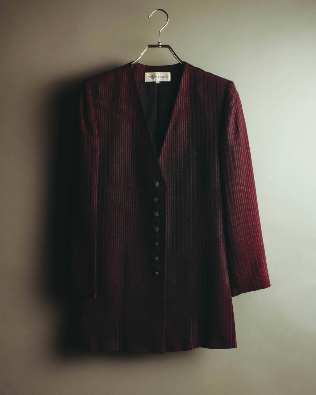 -SPECIAL- “Yves Saint Laurent“ 80's-90's Swiss fabric lurex stripe collarless long jacket