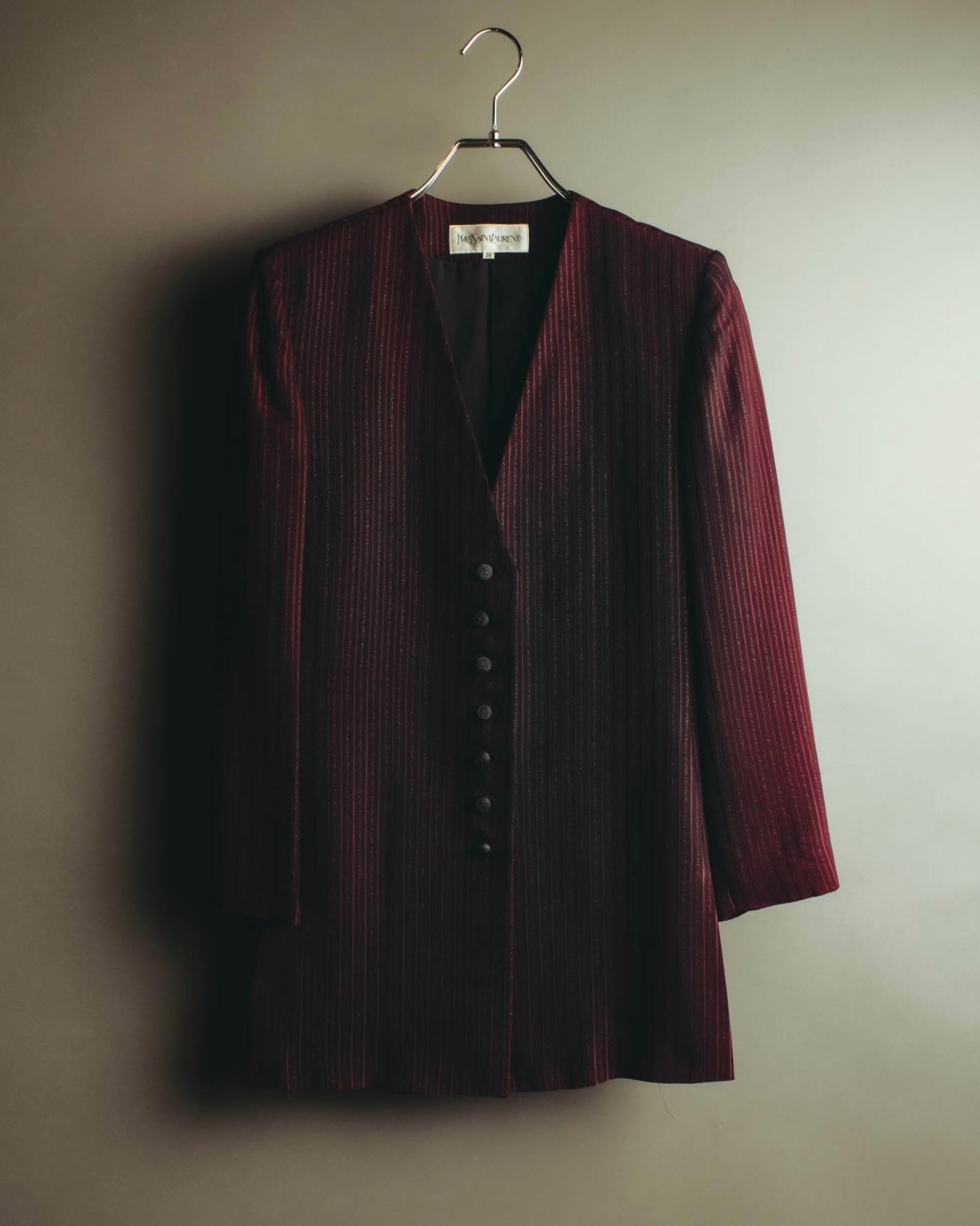 -SPECIAL- “Yves Saint Laurent“ 80's-90's Swiss fabric lurex stripe collarless long jacket