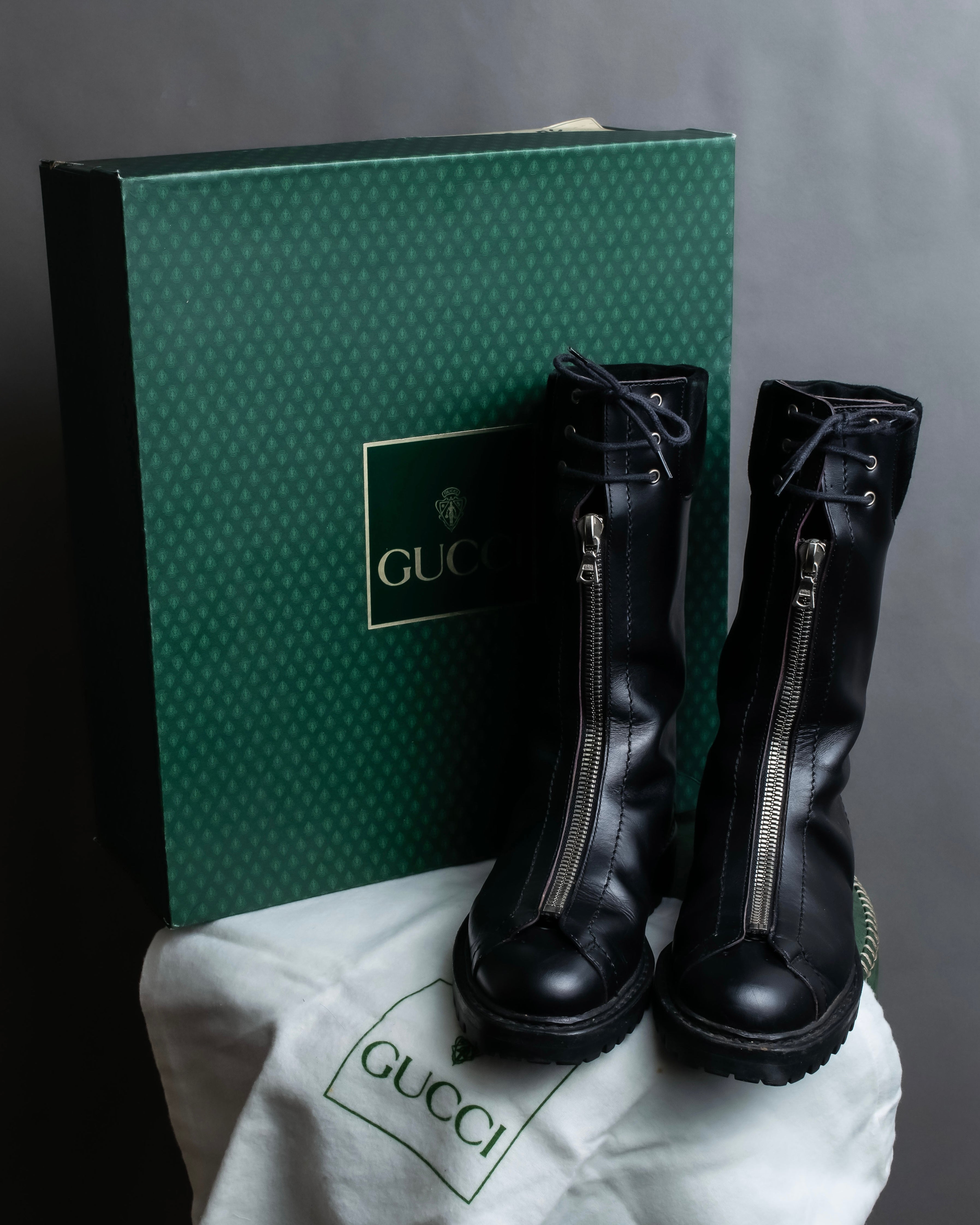 "GUCCI" Front zip design lace-up leather uncle boots