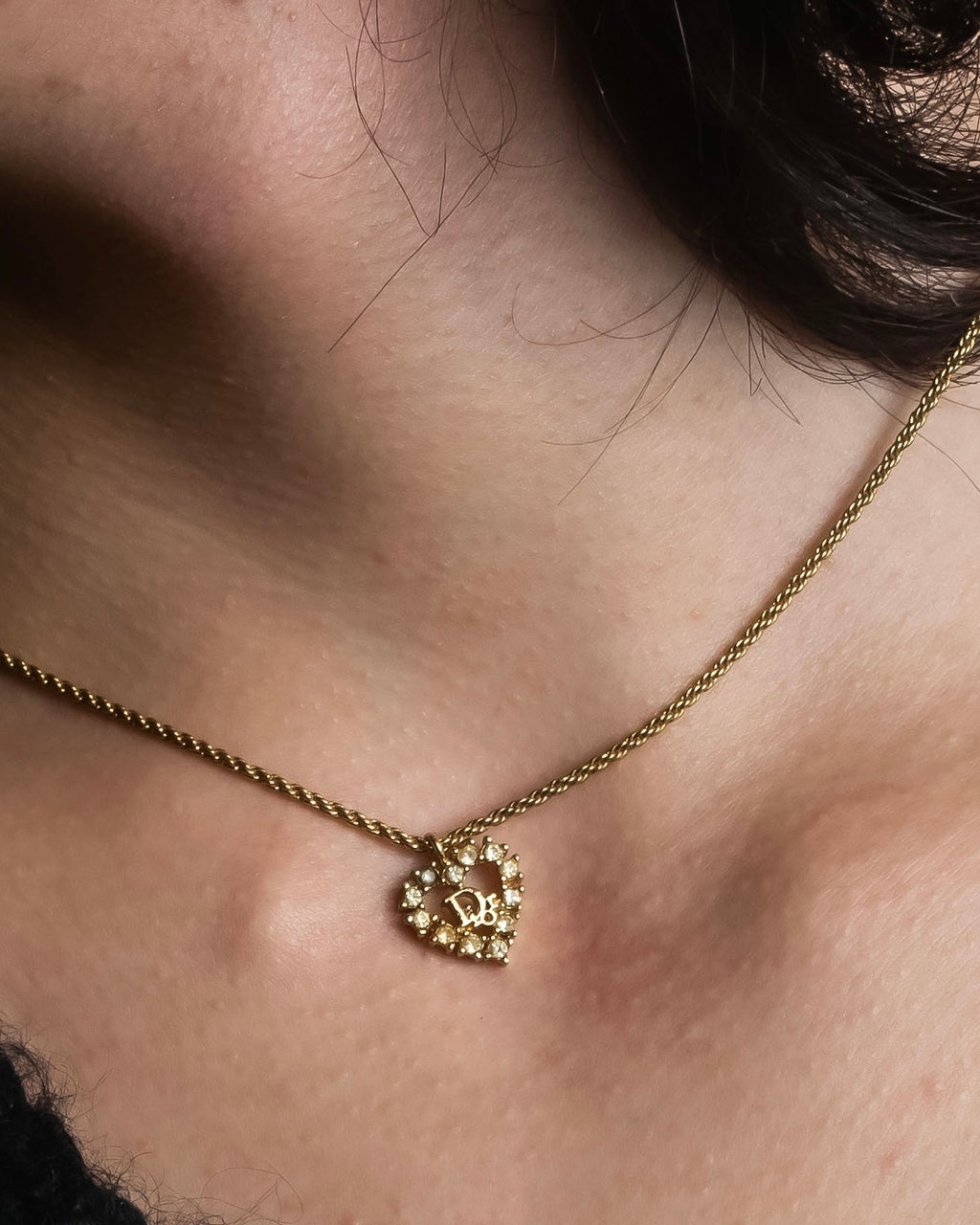 "Christian Dior" Rhinestone studded CD logo design in gold necklace