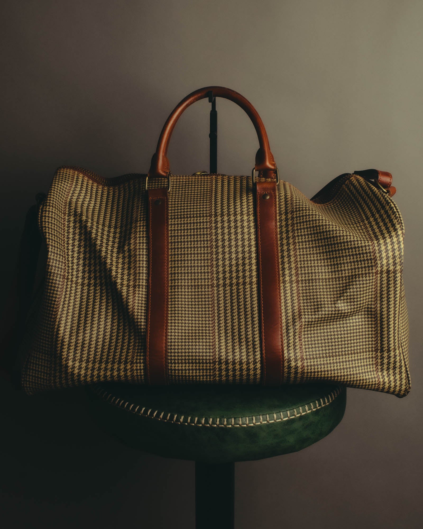 "Polo Ralph Lauren" 80's-90's Houndstooth leather trim travel bag