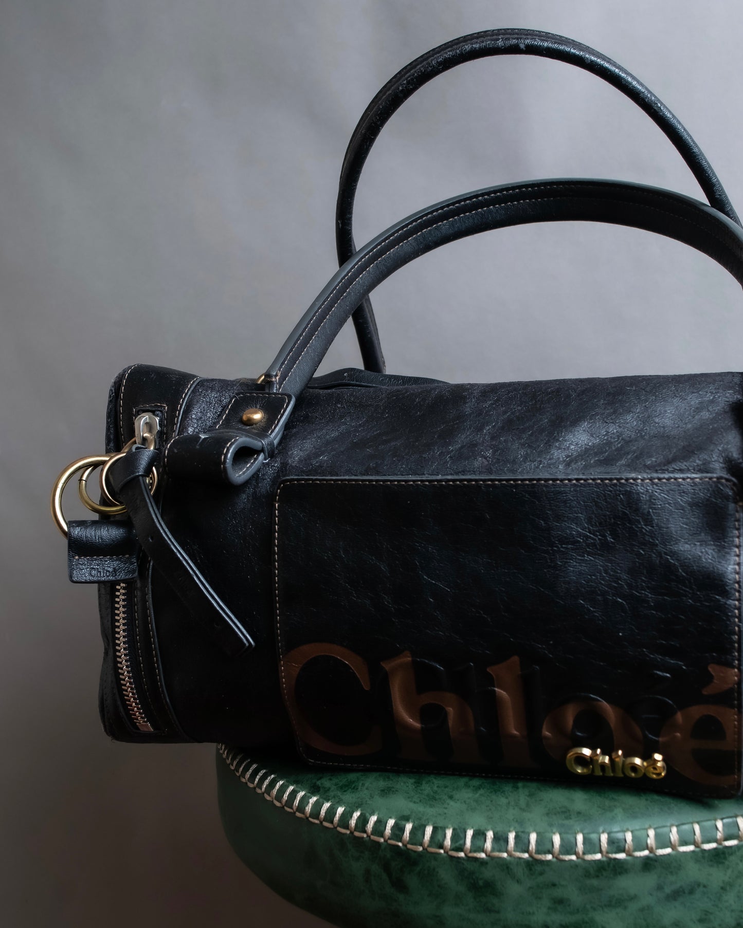 "Chloe" Eclipse series logo engraved leather mini boston bag