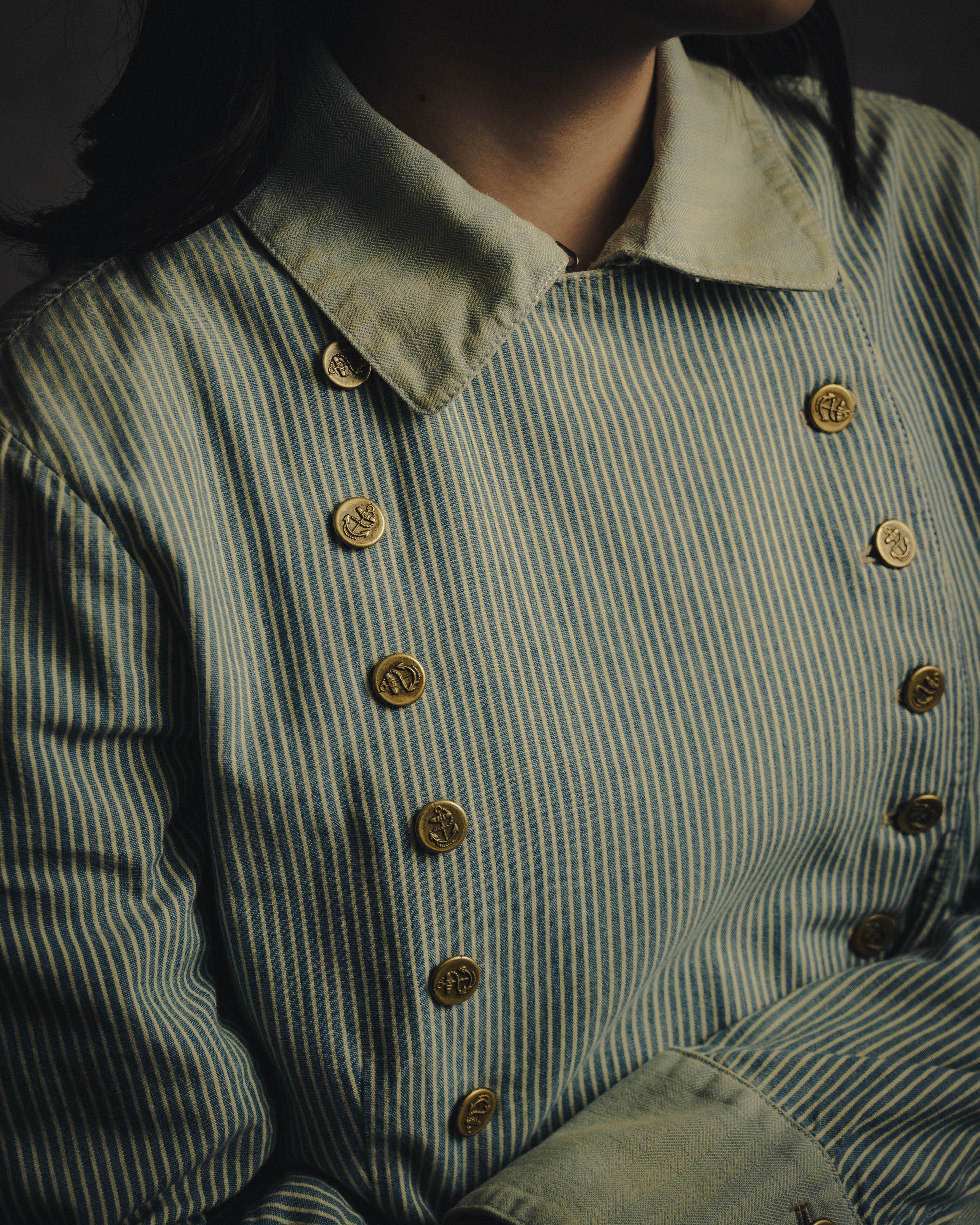 -SPECIAL- "Ralph Lauren" 00's Hickory stripe cotton double-breasted marine jacket