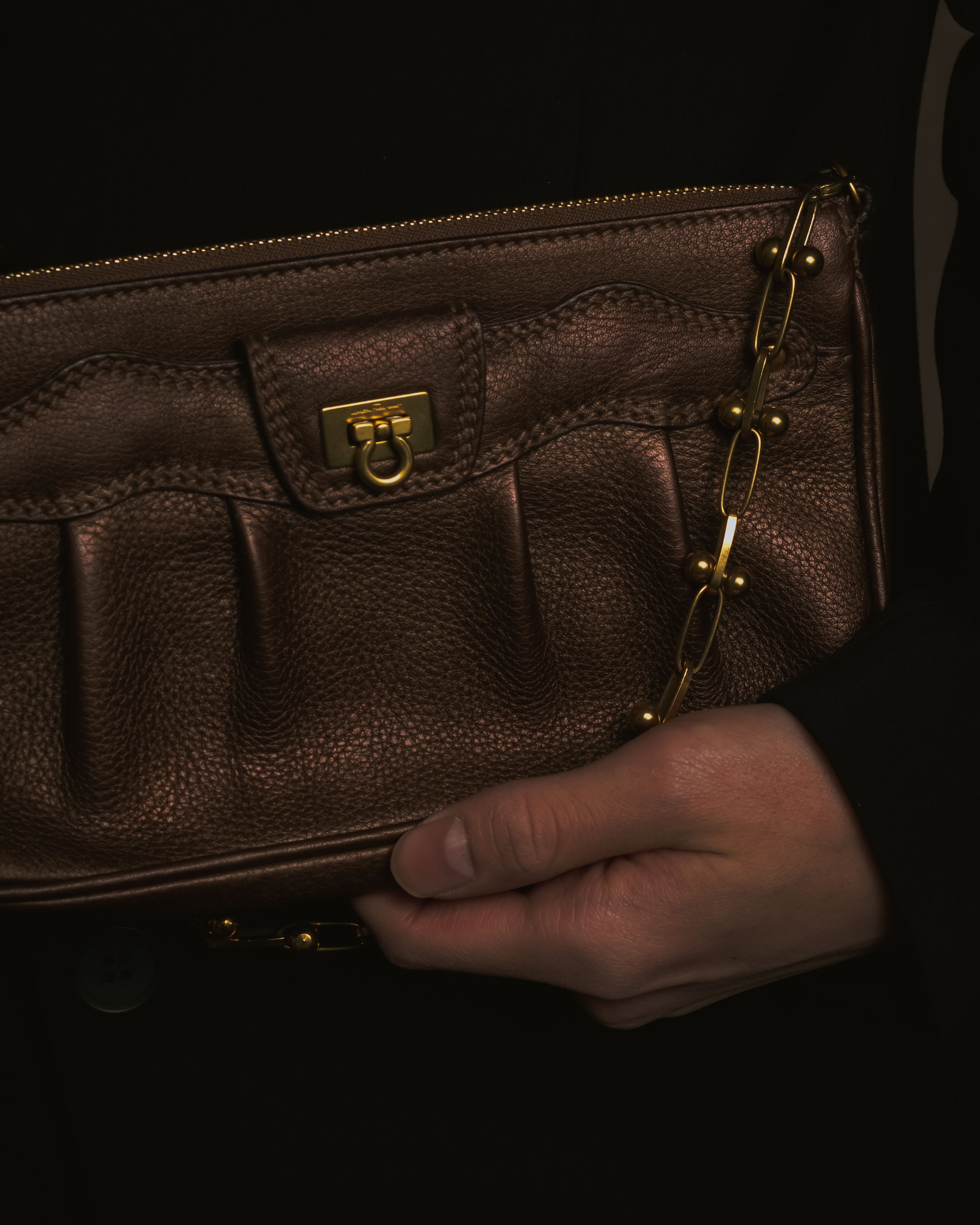 "Salvatore Ferragamo" 2000’s gathered metallic leather ball-link shoulder bag