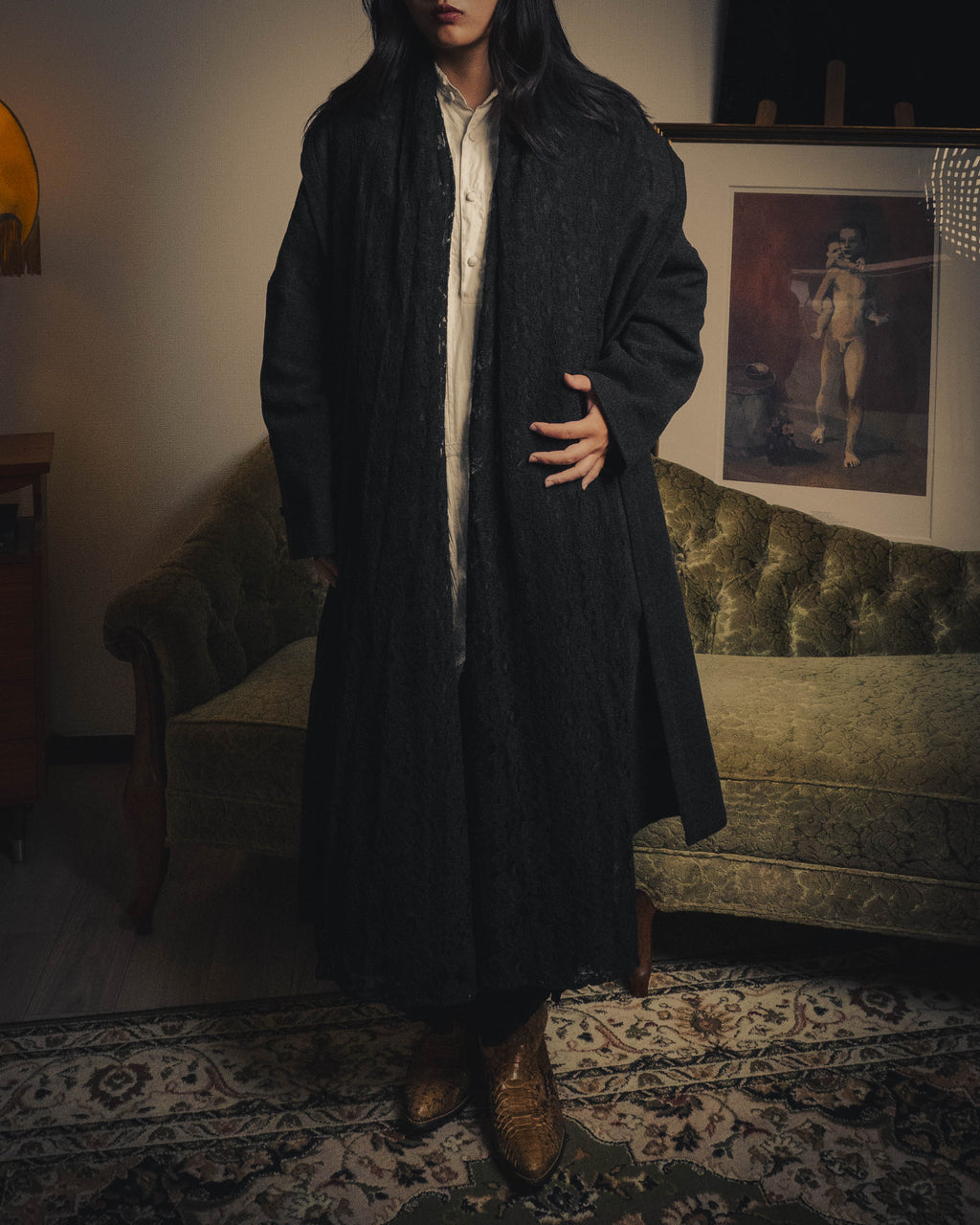 –SPECIAL– “DOLCE & GABBANA” 90’s Lace-trimmed shawl-collar wool robe coat