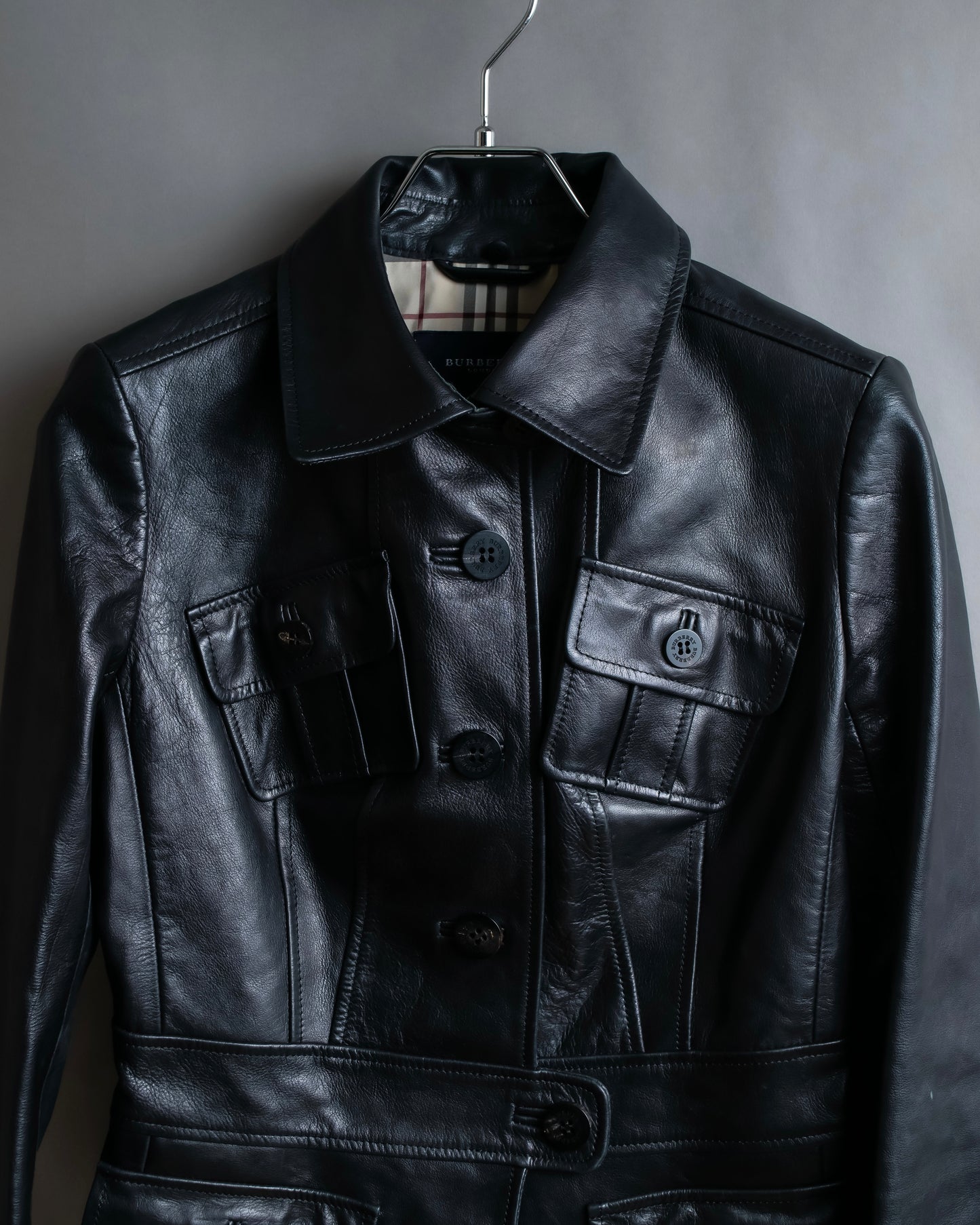 "BURBERRY" 100% cow leather Military pocket details short length jacket