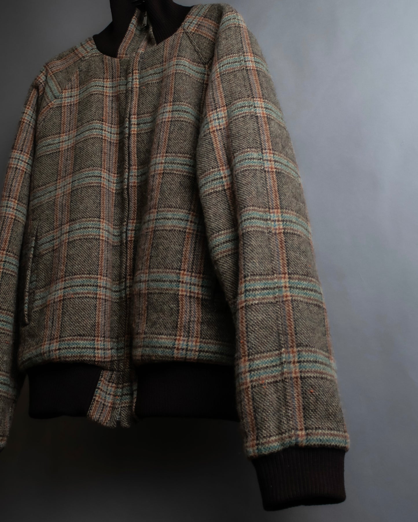 "ETRO" Multi-check pattern high neck ribbed knit blouson