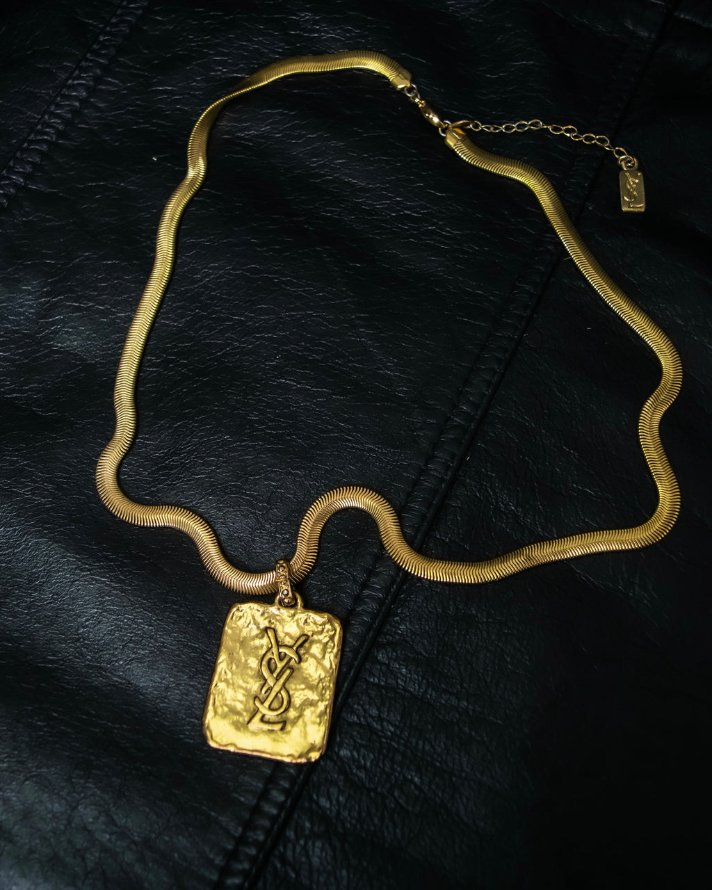 "Yves Saint Laurent" YSL logo plate gold necklace