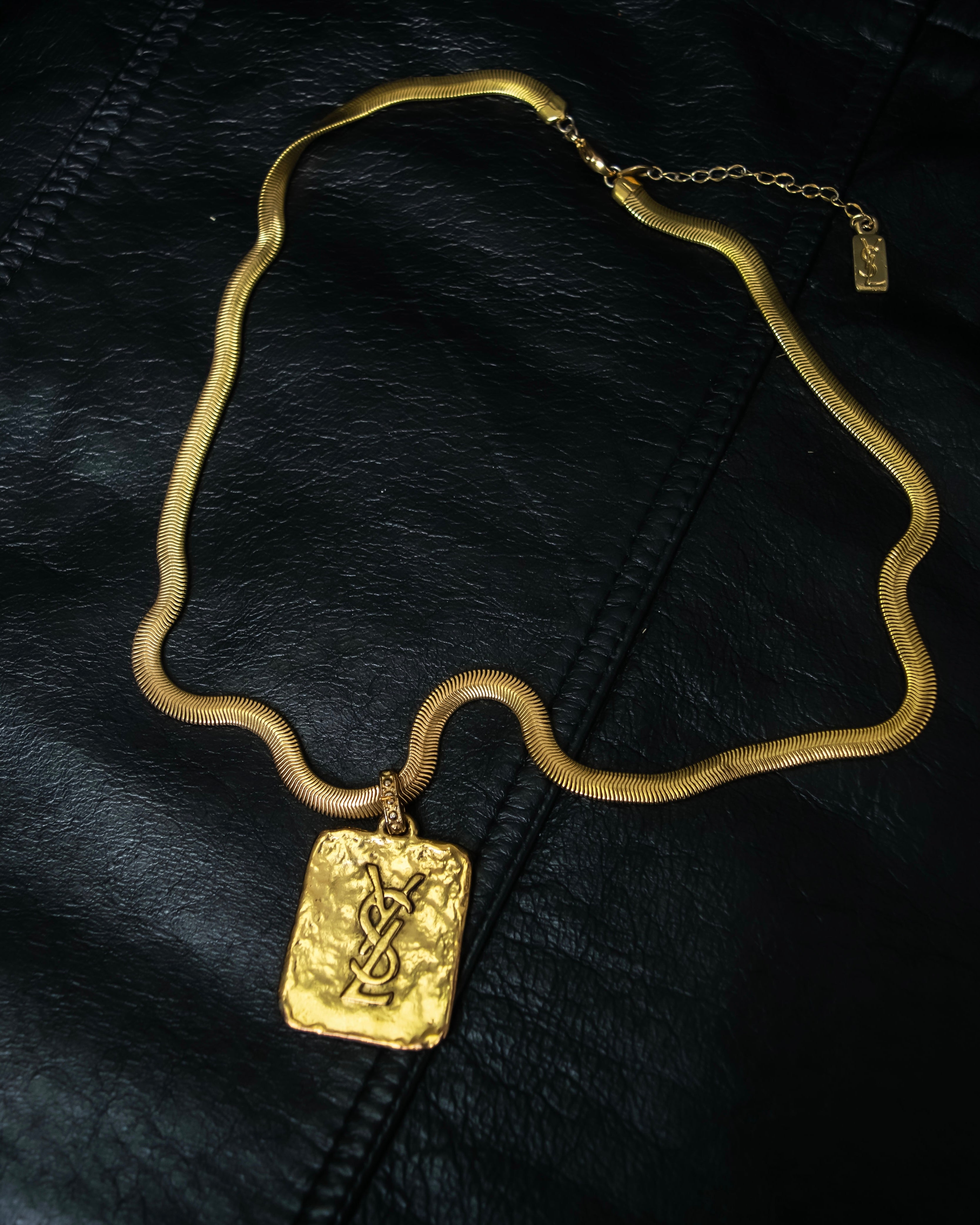"Yves Saint Laurent" YSL logo plate gold necklace
