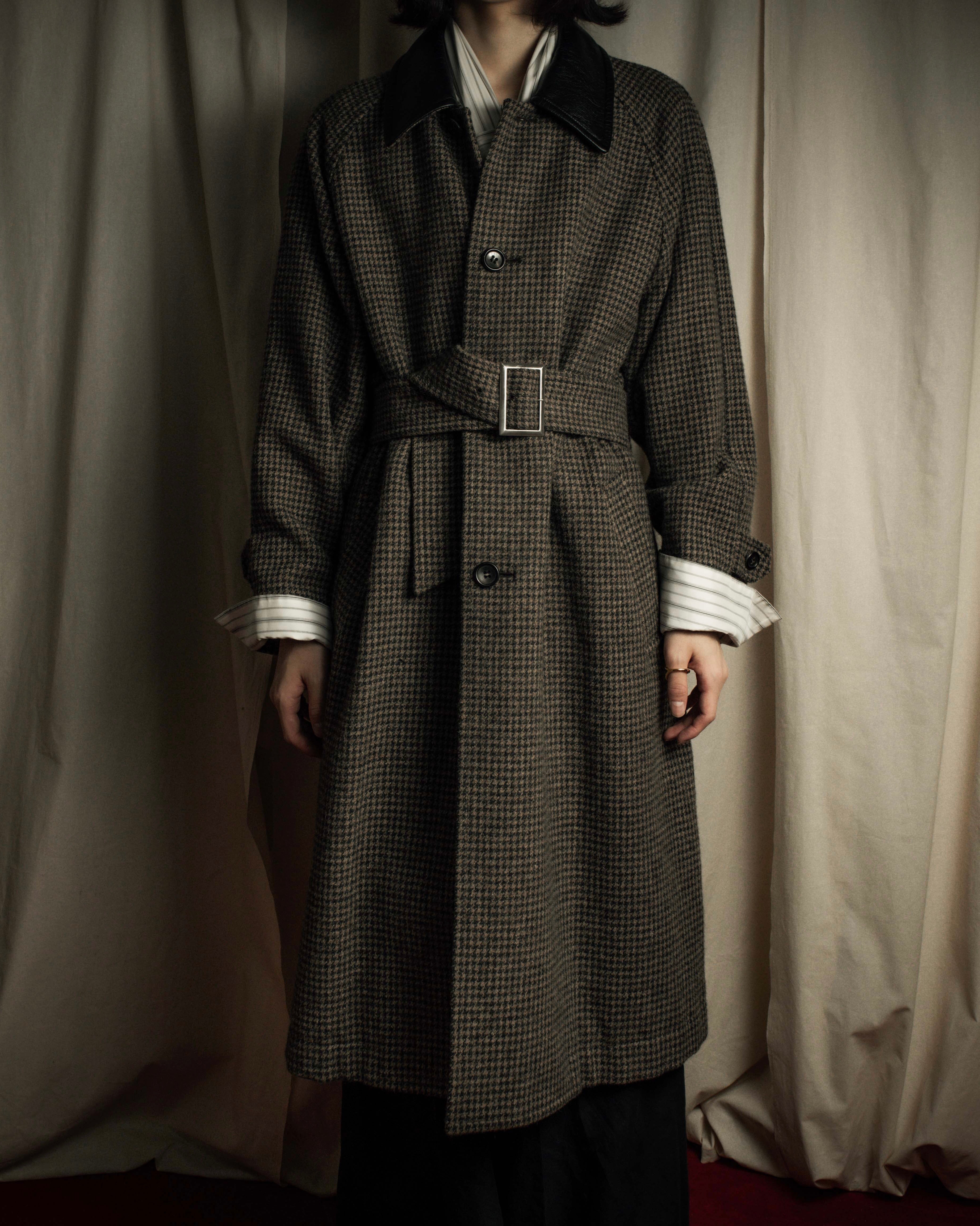 "tricot COMME des GARCONS" Leather collar design houndstooth pattern oversized long coat