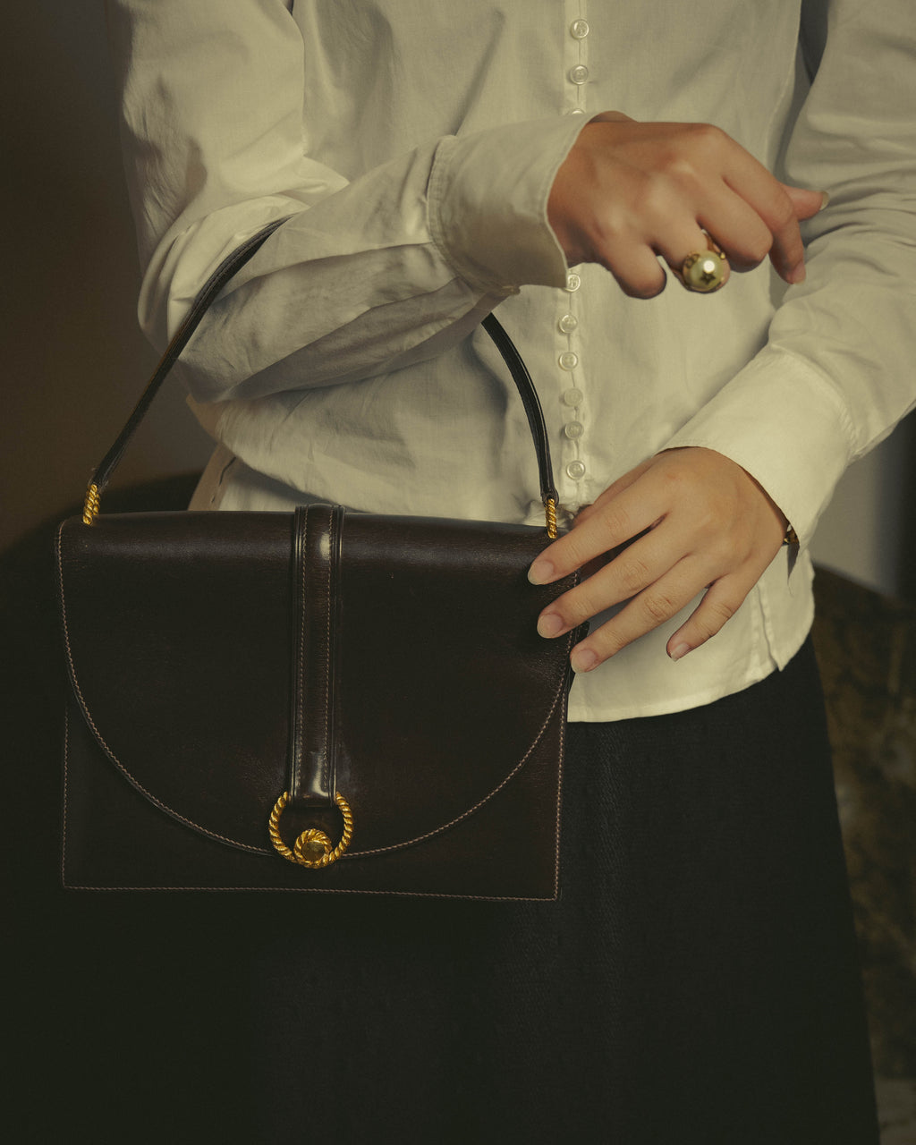 -SPECIAL- "HERMES" 50's Vintage box calf leather shoulder bag
