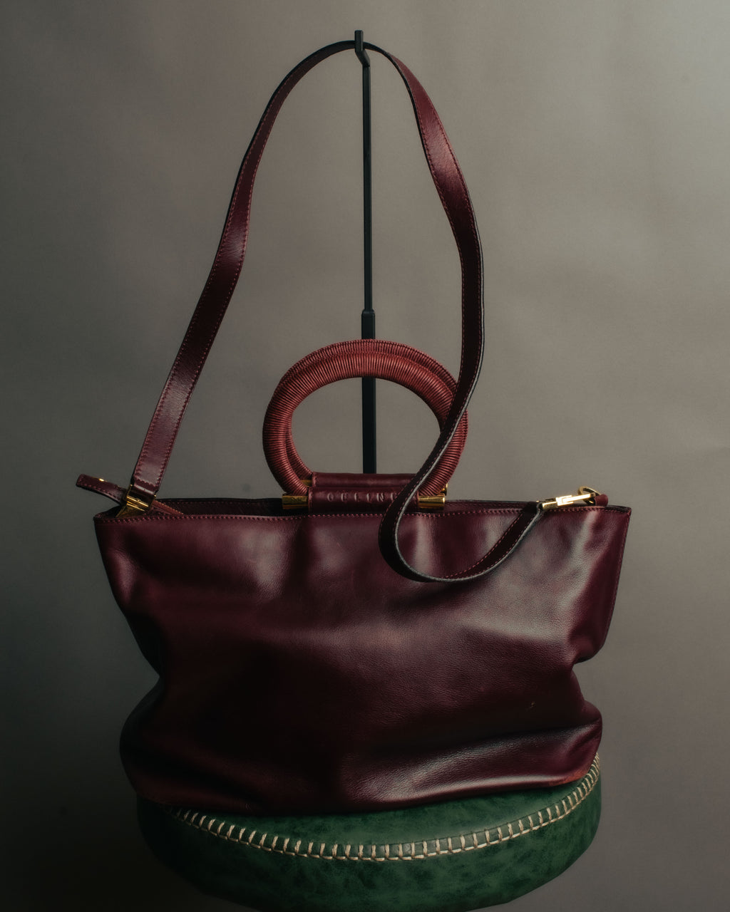 “CELINE” 90’s-00’s Burgundy leather ring handle tote bag
