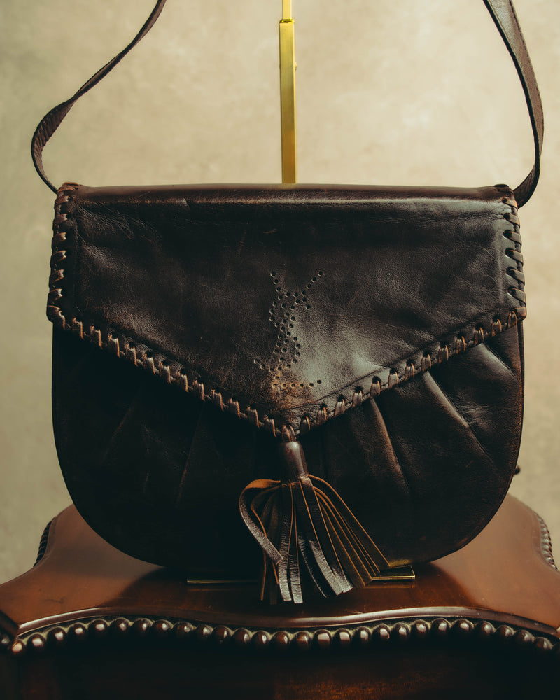 “Yves Saint Laurent” 70’s-80’s Perforated logo leather tassel shoulder bag
