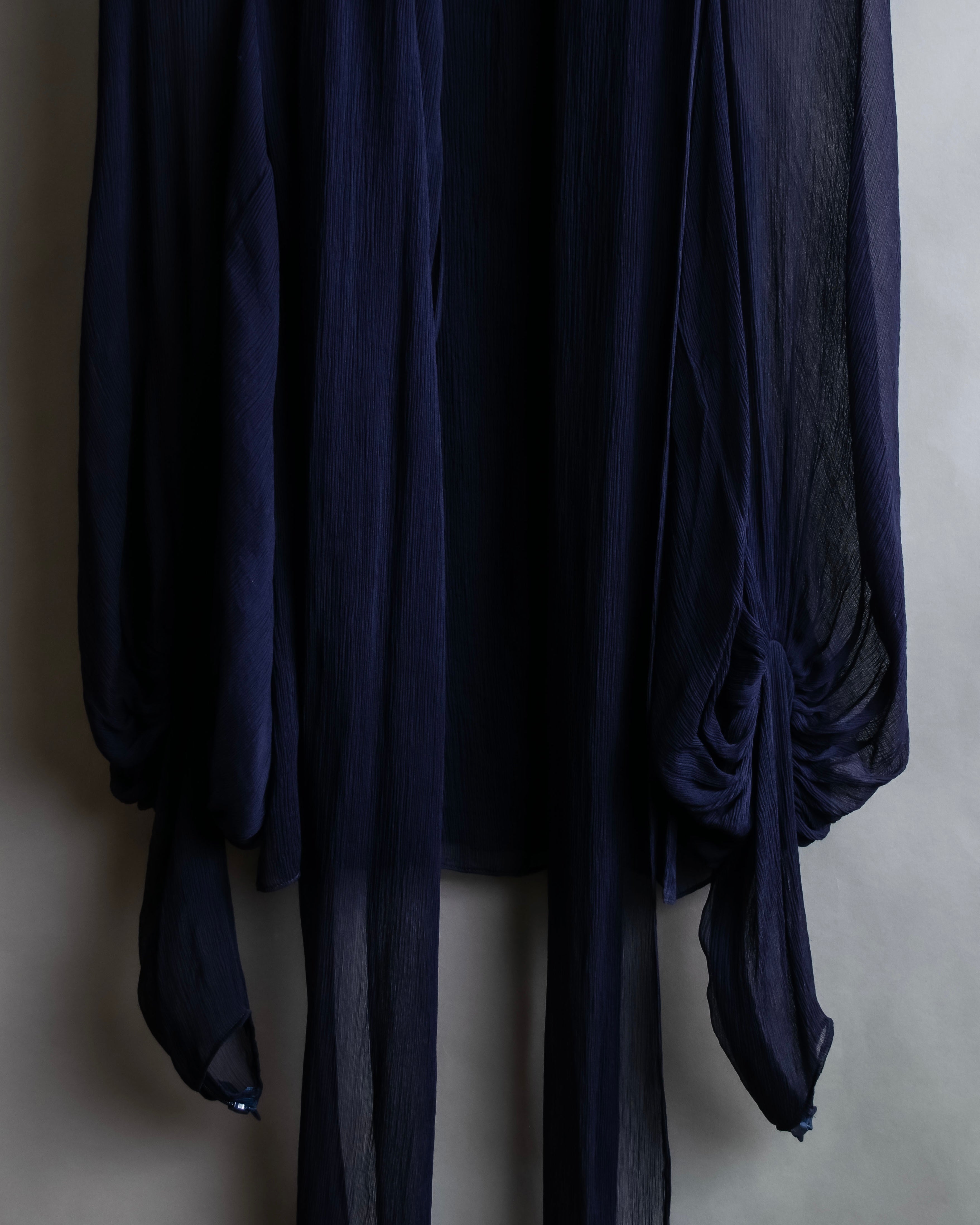 "HERMES" Bowtie detail balloon sleeve sheer pullover