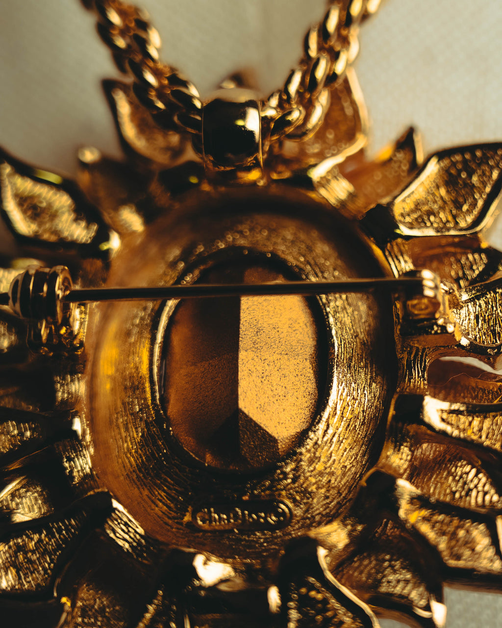 -SPECIAL- “Christian Dior” 80’s-90’s Sunburst amber glass pendant brooch