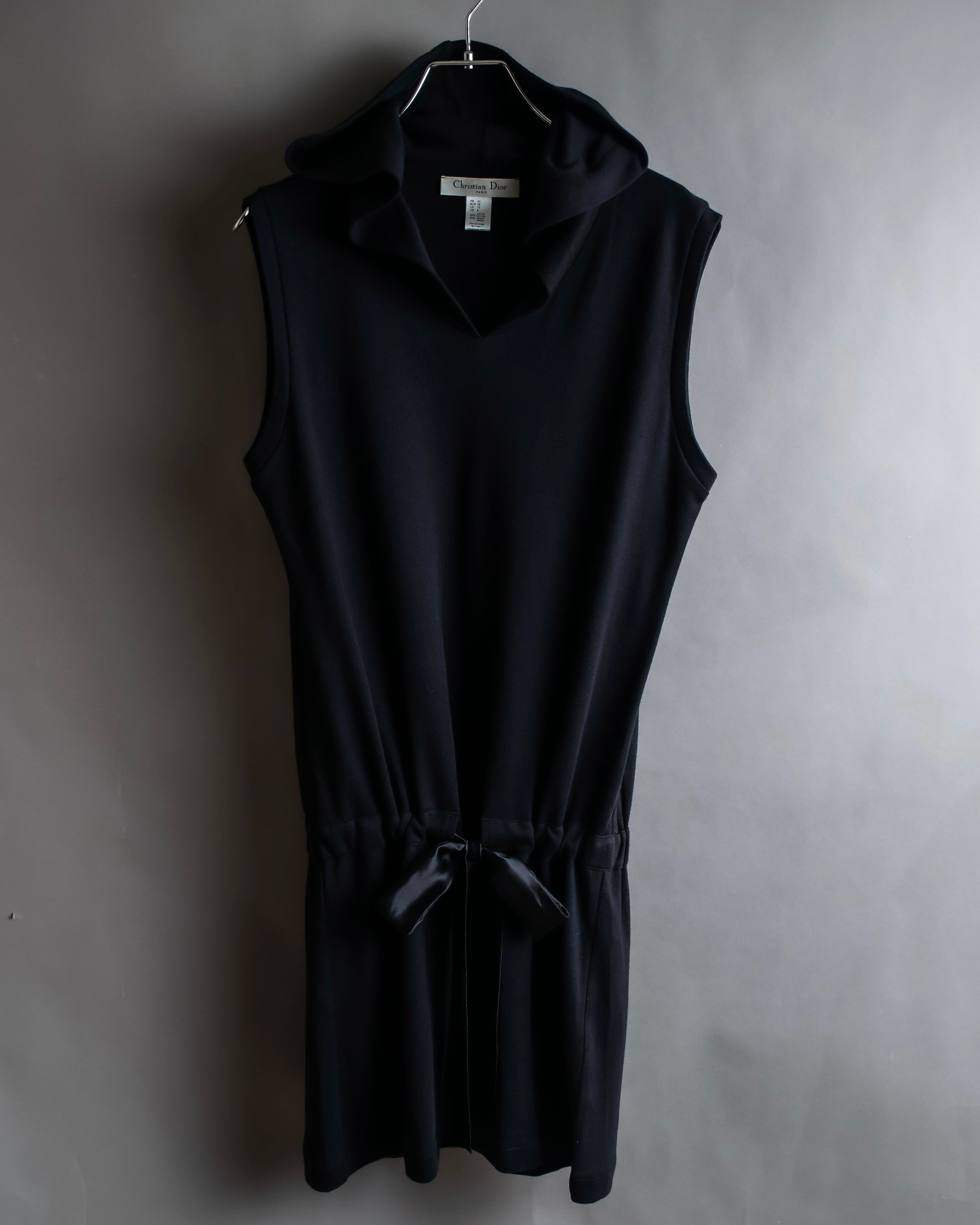 "Christian Dior" Satin ribbon waist detail hooded dress