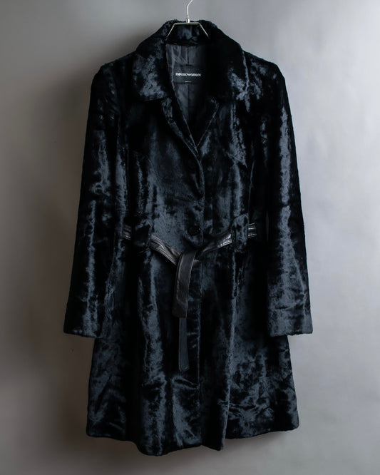 "EMPORIO ARMANI"  Leather belted design velour mid length gown coat