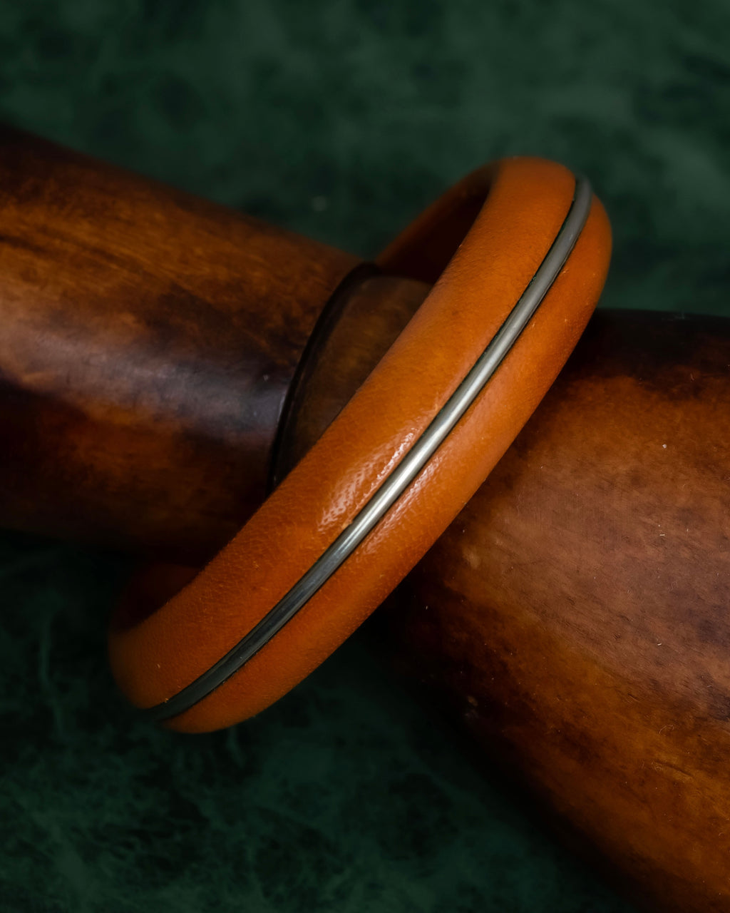 "HERMES" Brown leather＆metal line combination bangle