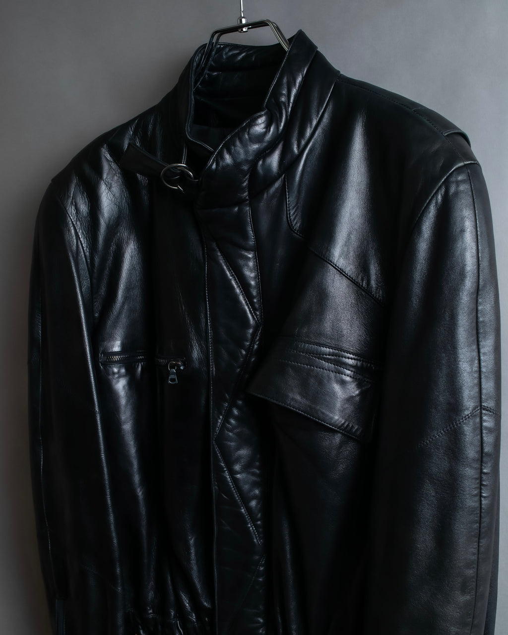 "Claude Montana" Drawcord detail stand-up collar leather blouson