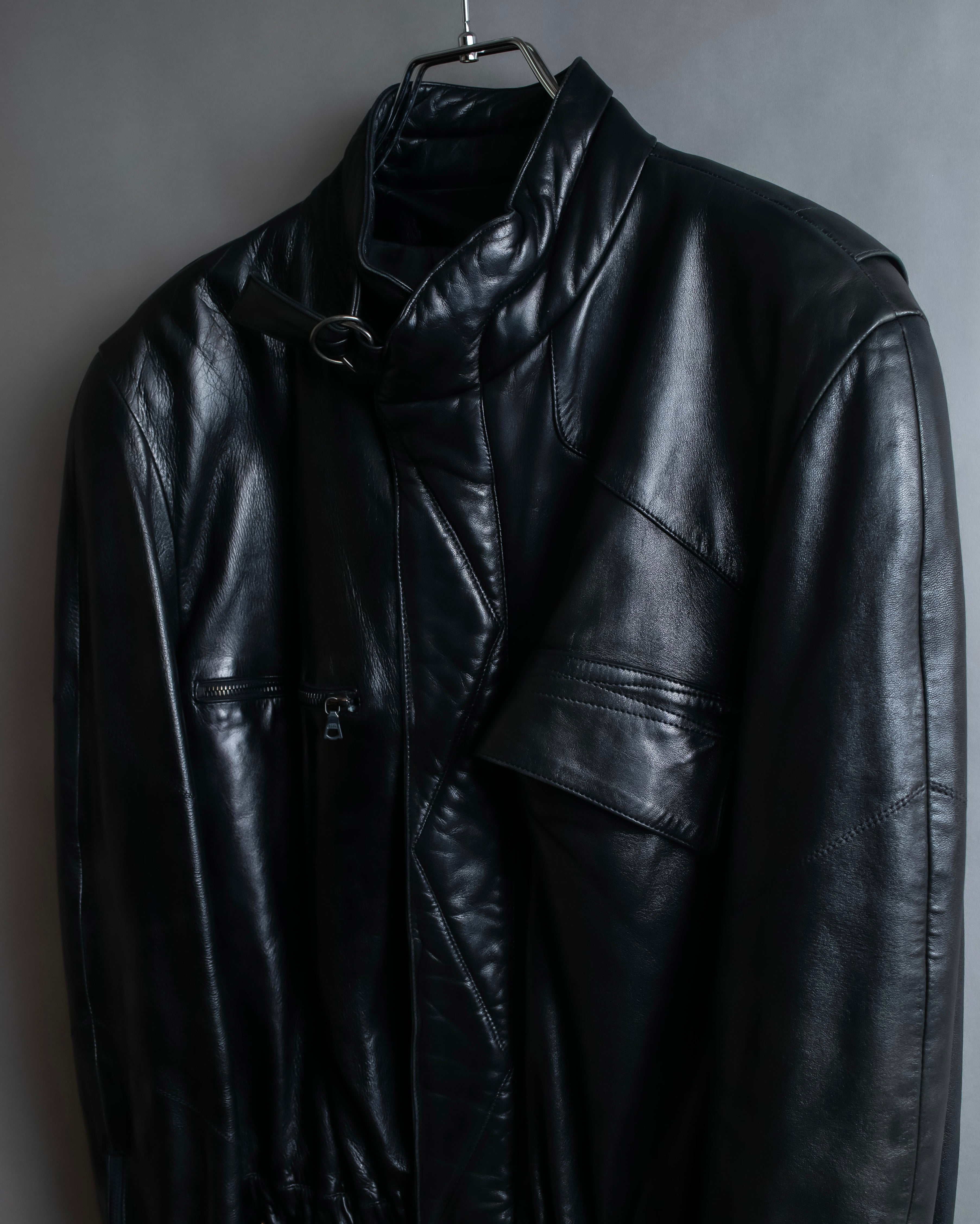 "Claude Montana" Drawcord detail stand-up collar leather blouson