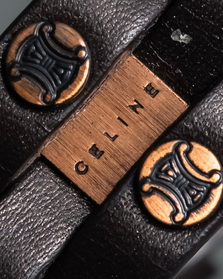 "CELINE" Triomphe motif stud design leather narrow belt