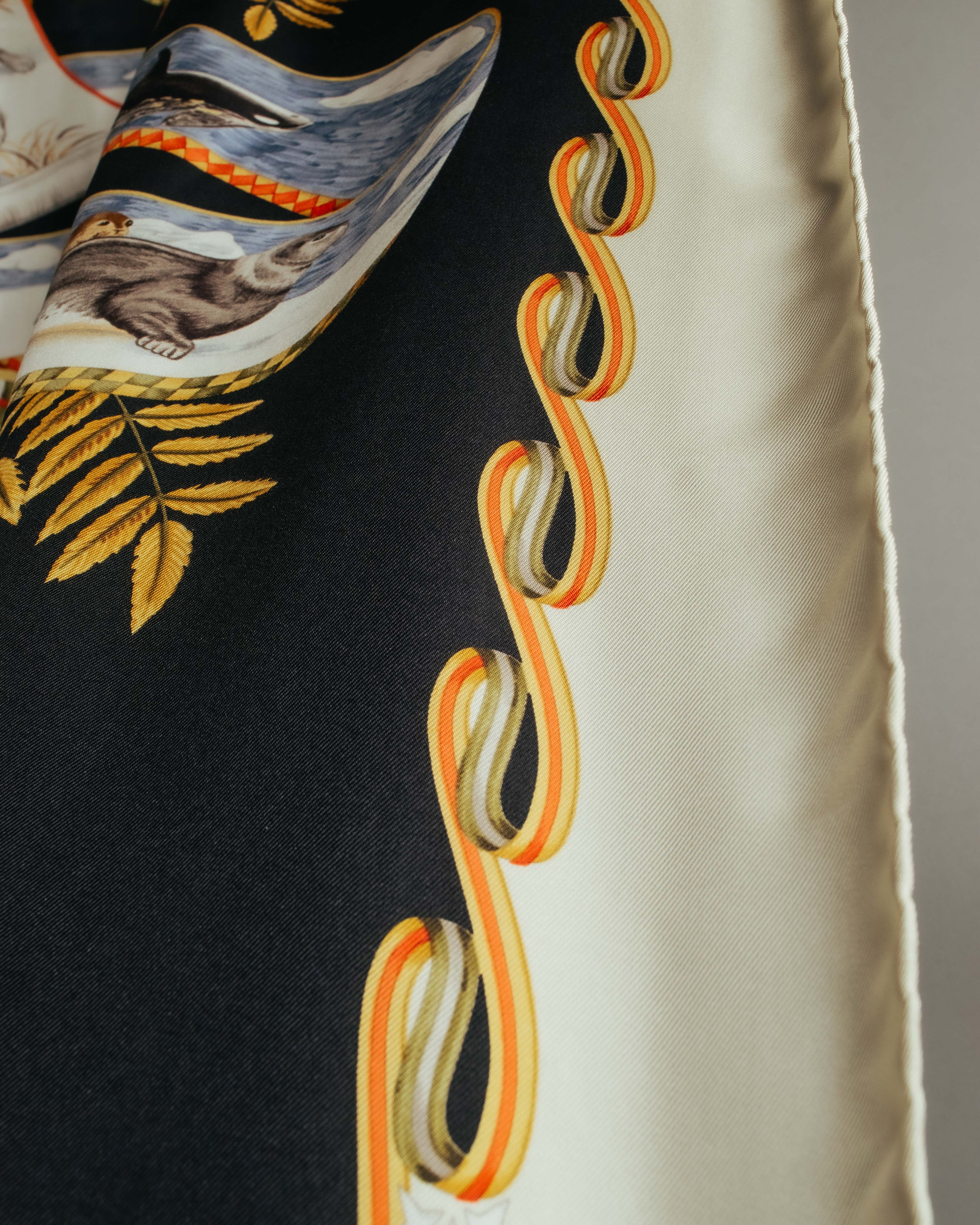 "Salvatore Ferragamo" 90's-00's Vintage arctic fauna and scrolling ribbon silk scarf