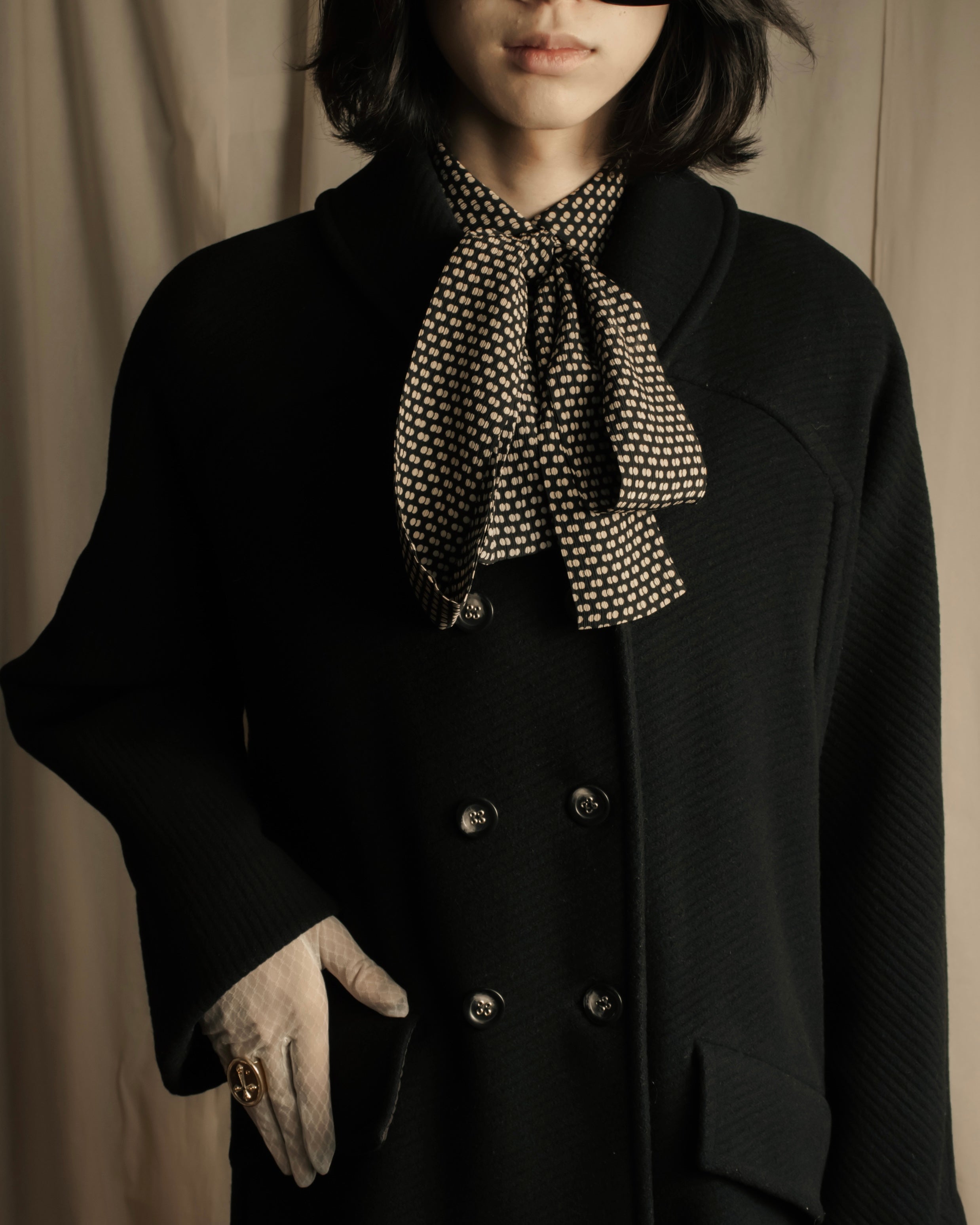 "Christian Dior PRETA PORTER" Ivory polka dot bow tie blouse