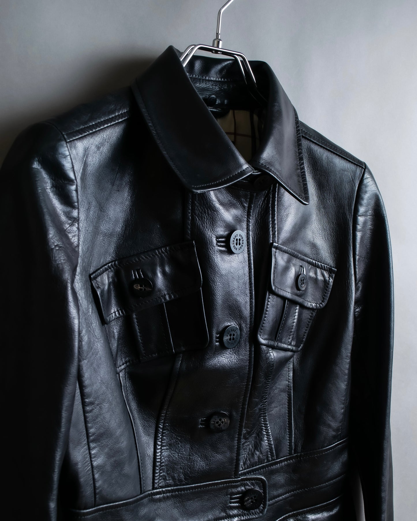 "BURBERRY" 100% cow leather Military pocket details short length jacket