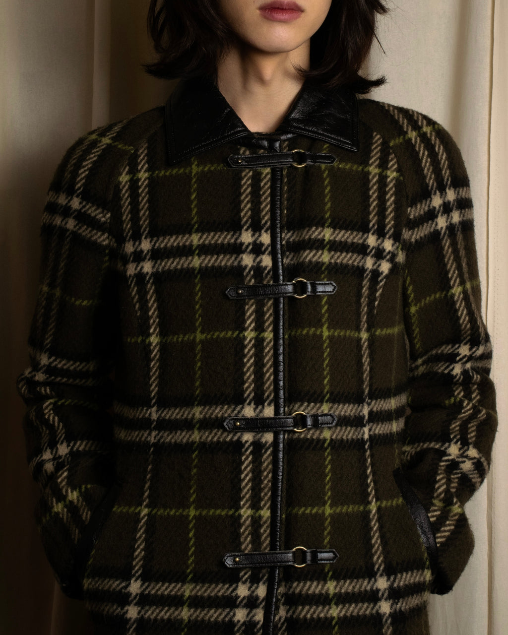 "BURBERRY" Leather switching design check tweed coat