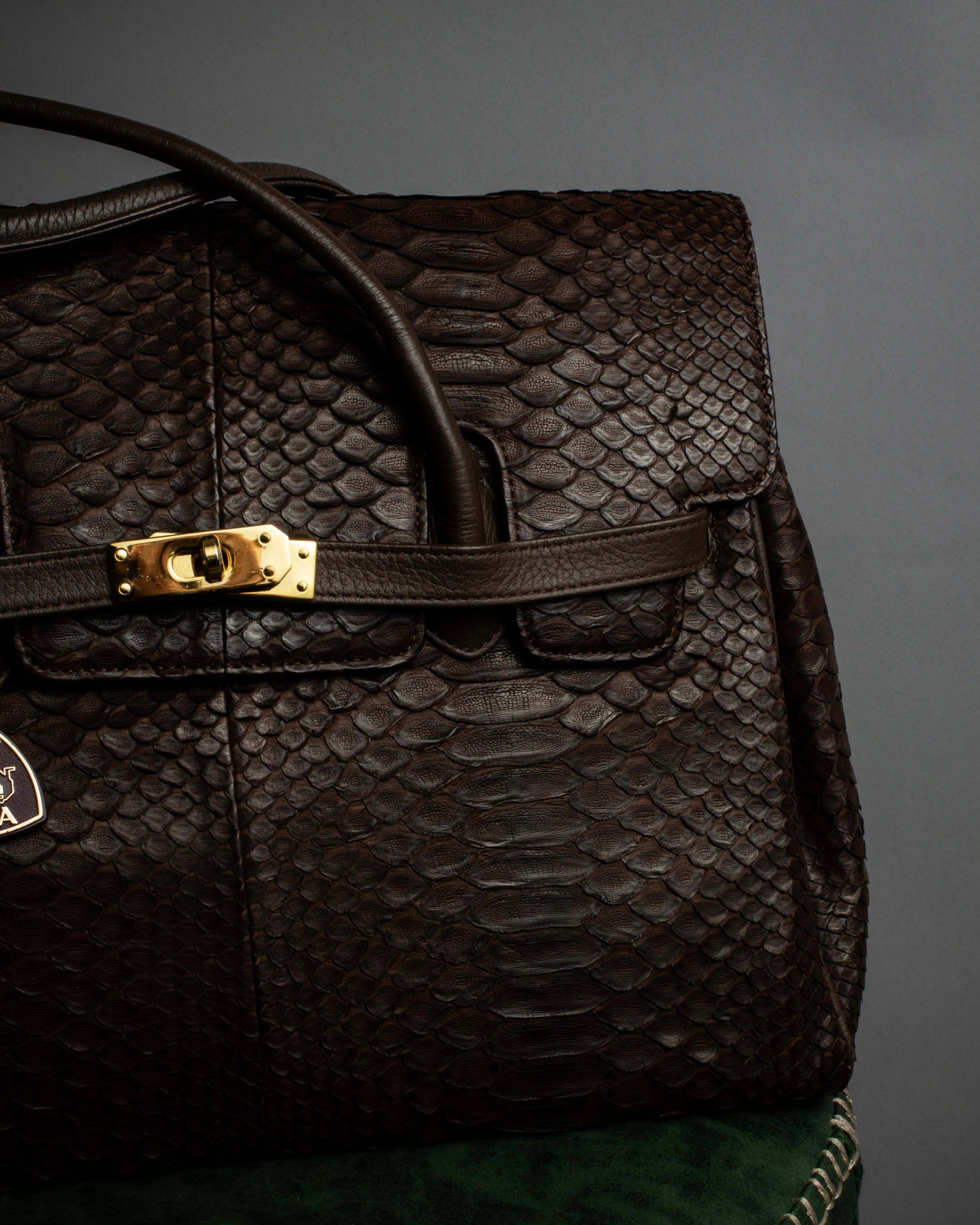 "Vintage turnlock design python leather bag"