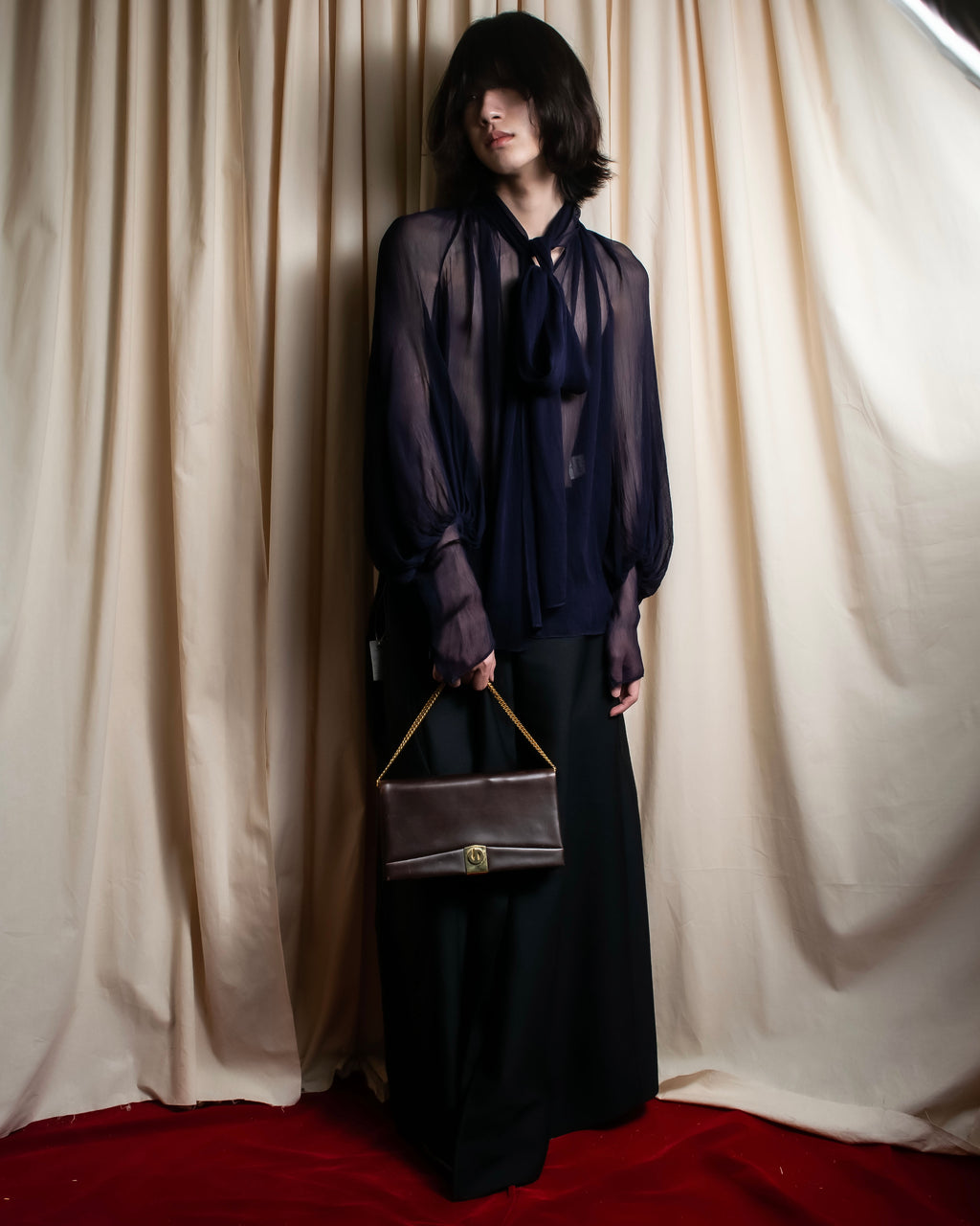 "HERMES" Bowtie detail balloon sleeve sheer pullover