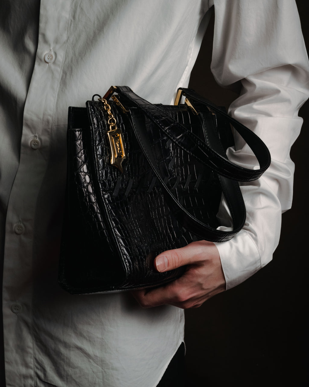 "YVES SAINT LAURENT" 90’s crocodile embossed lace up handbag