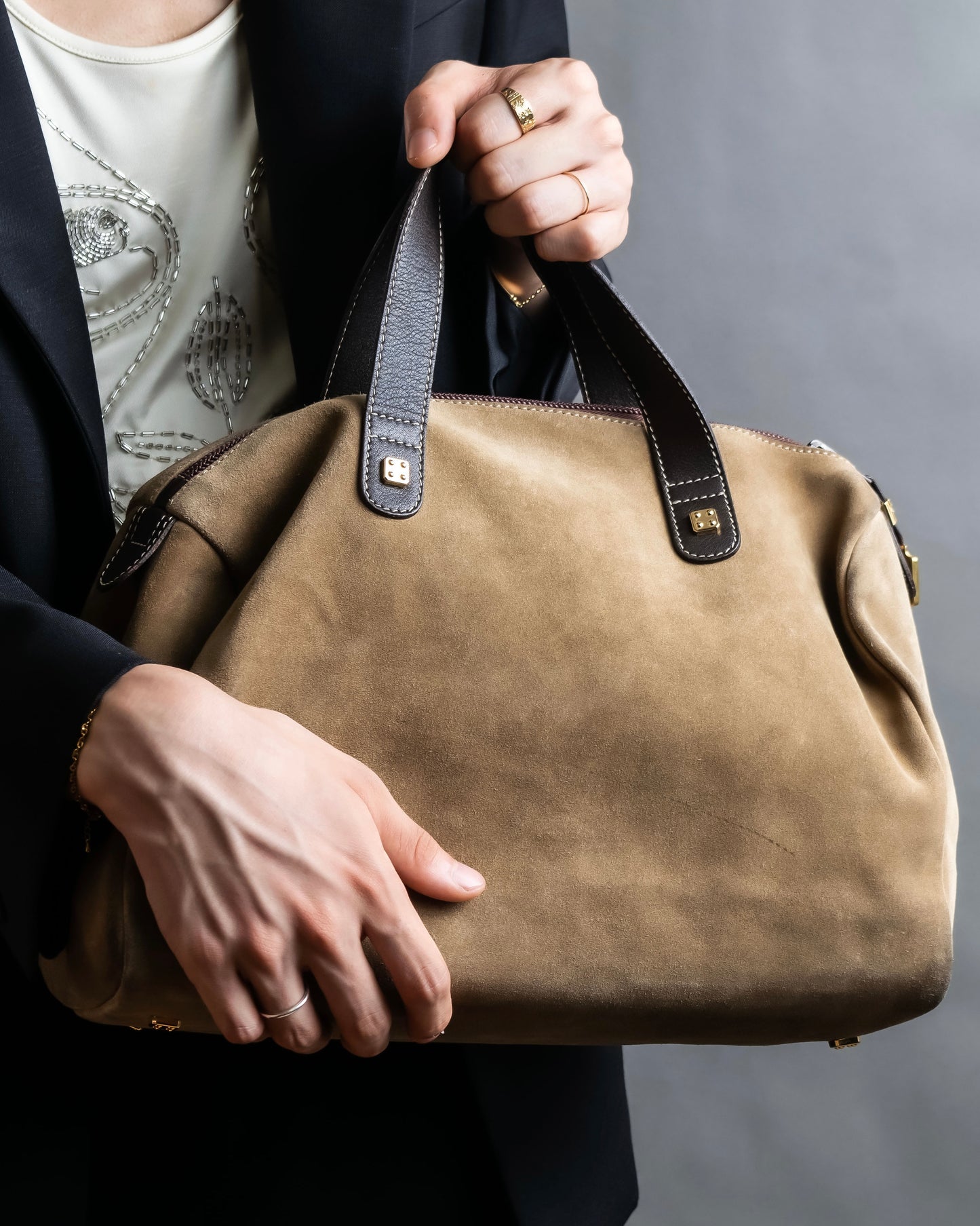 "LOEWE" Logo engraved suede mini boston bag