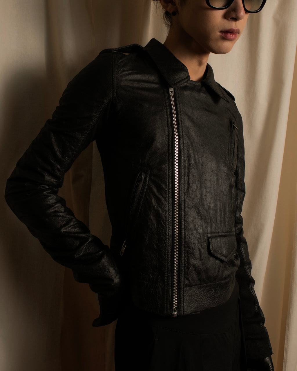 -SPECIAL- "Rick Owens" 15AW Beautiful wrinkles front zip leather jacket