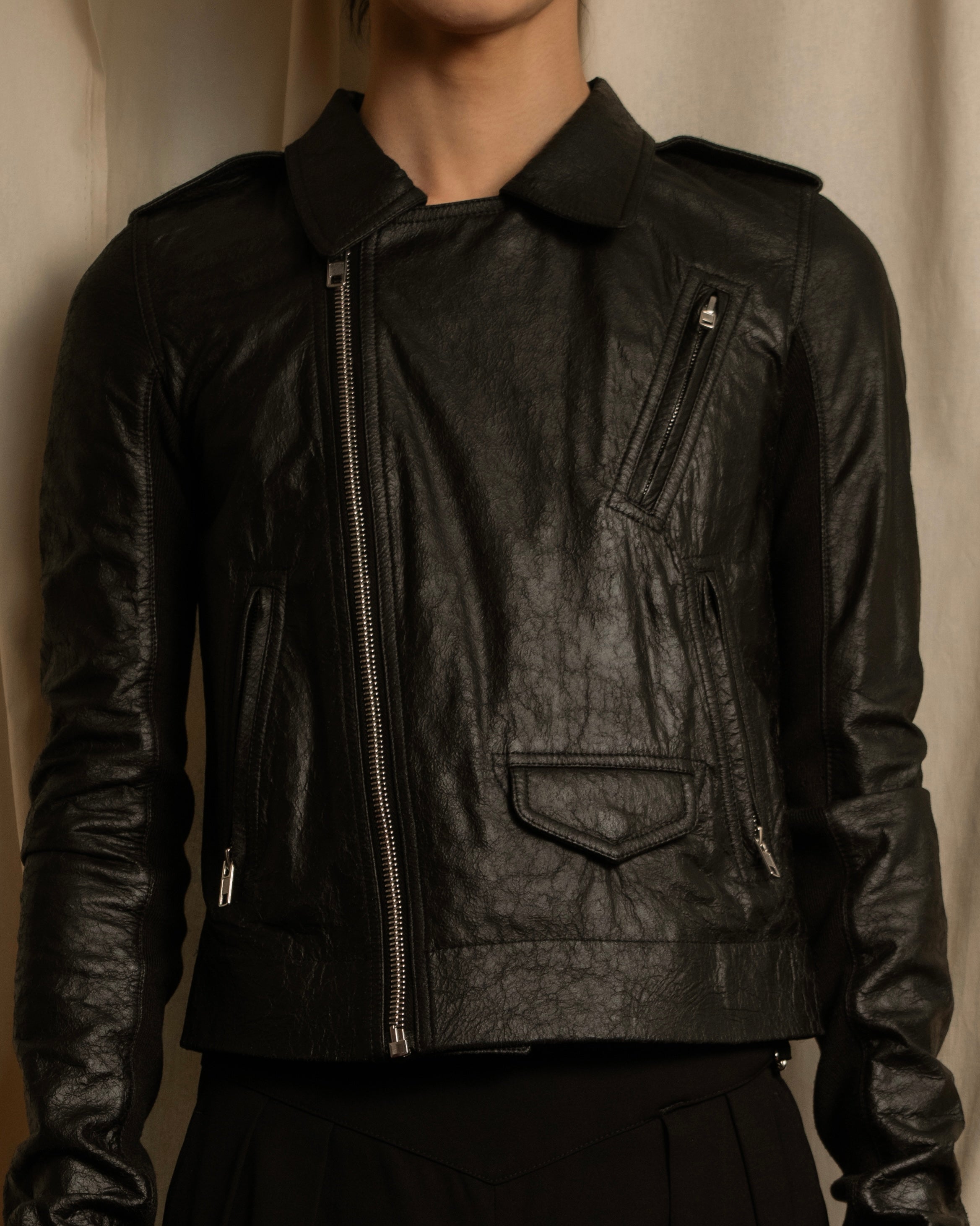 -SPECIAL- "Rick Owens" 15AW Beautiful wrinkles front zip leather jacket