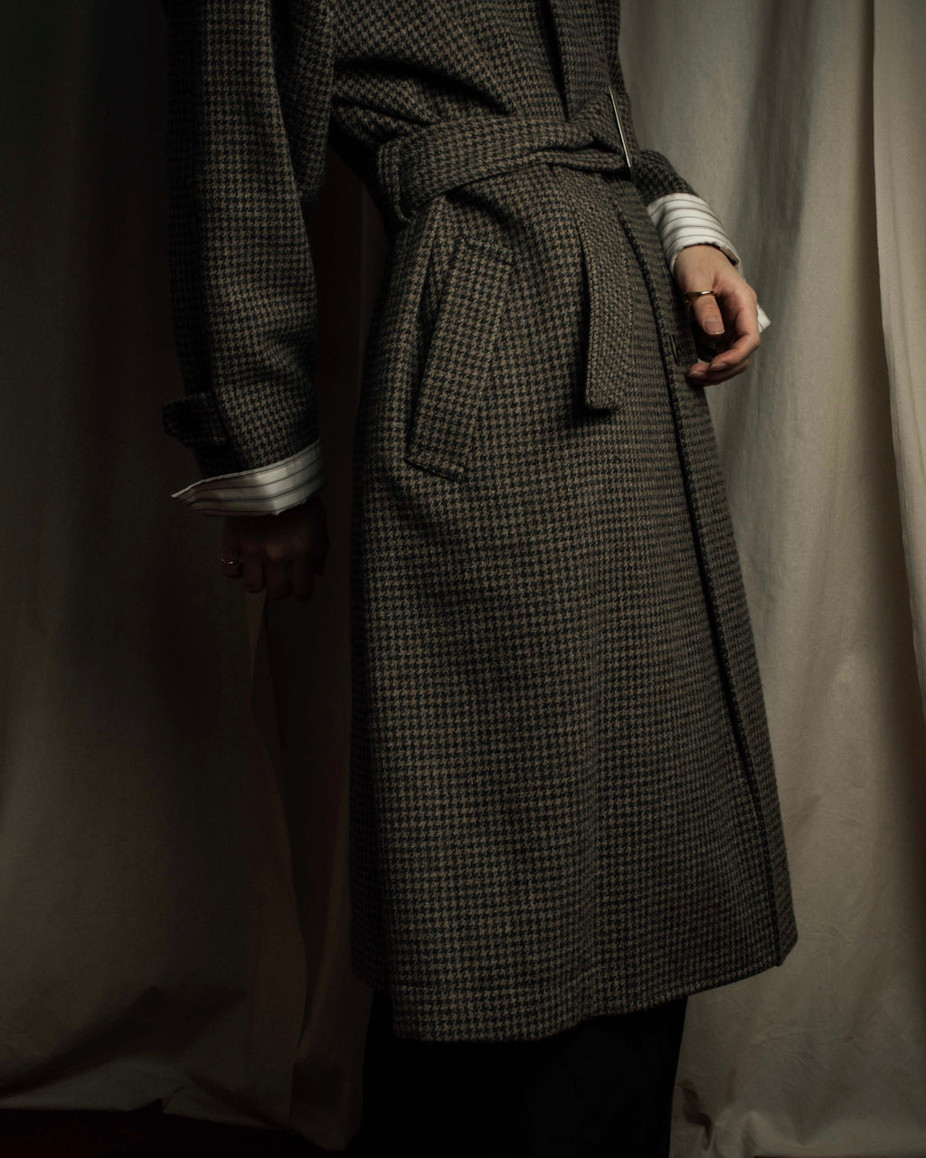 "tricot COMME des GARCONS" Leather collar design houndstooth pattern oversized long coat