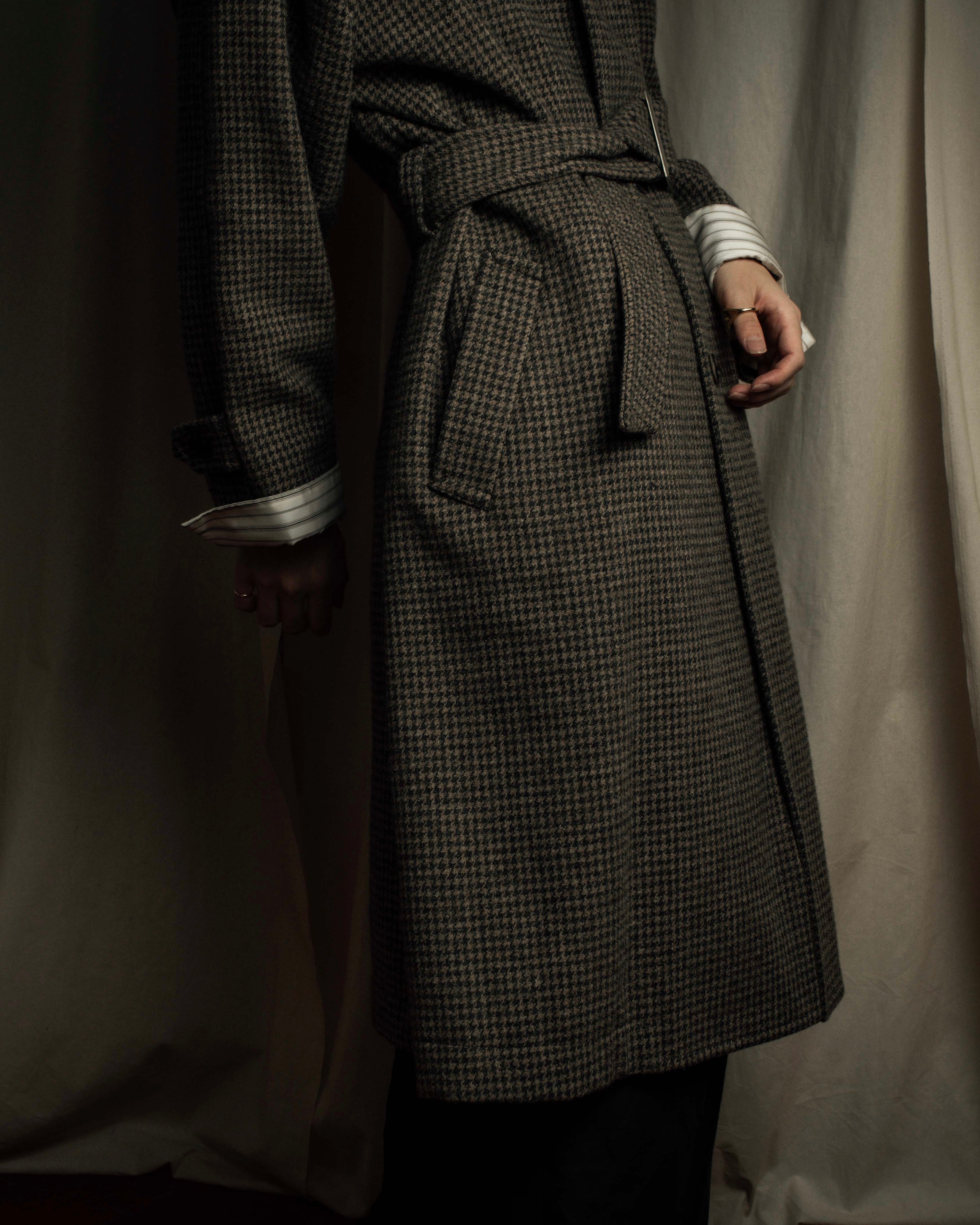 "tricot COMME des GARCONS" Leather collar design houndstooth pattern oversized long coat