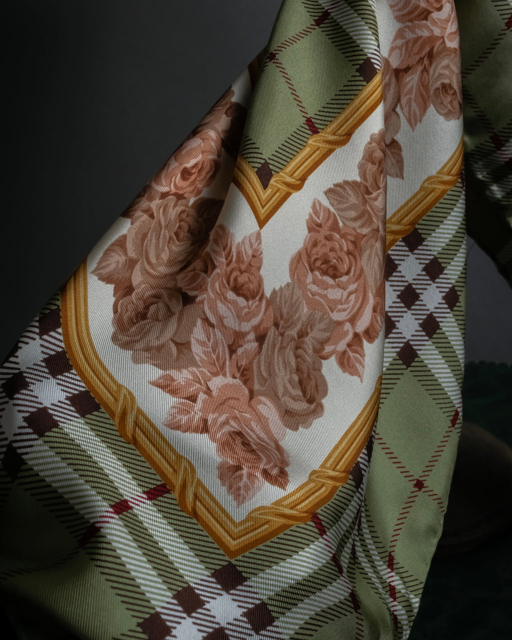 "BURBERRYS" Rose motif layered check pattern silk scarf