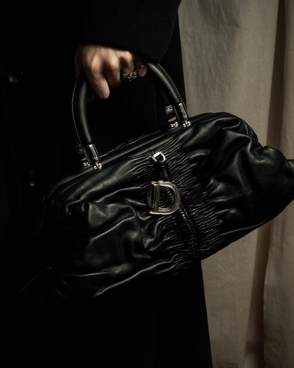"Christian Dior" CD motif charm design gathered leather hand bag
