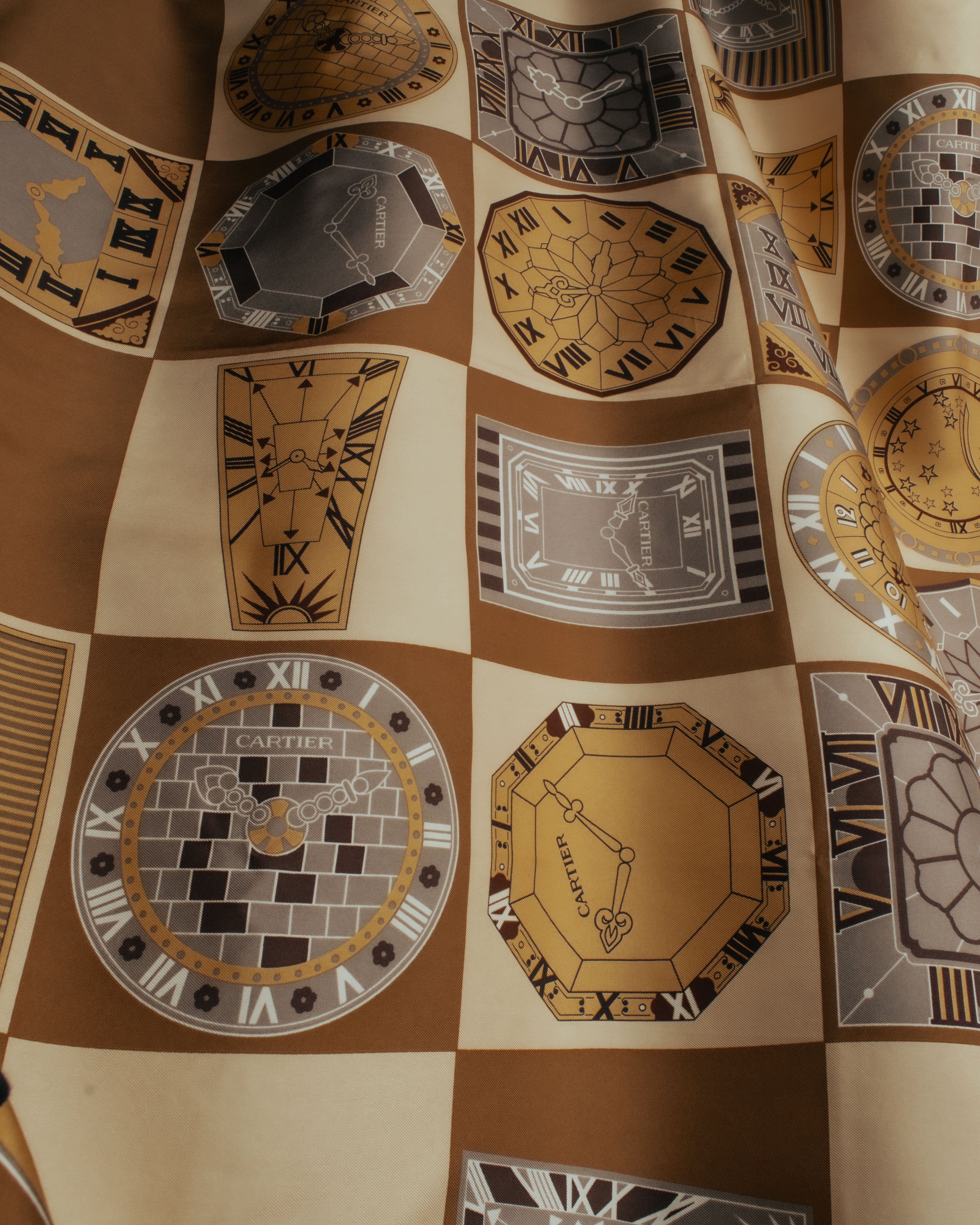 “Cartier“ 80’s-90’s Timepiece motif silk scarf