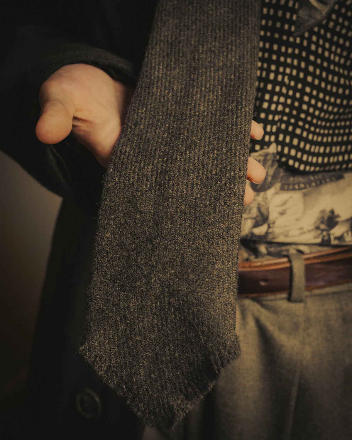-SPECIAL- "Yves Saint Laurent" 90's-00's Charcoal grey wool textured knit tie