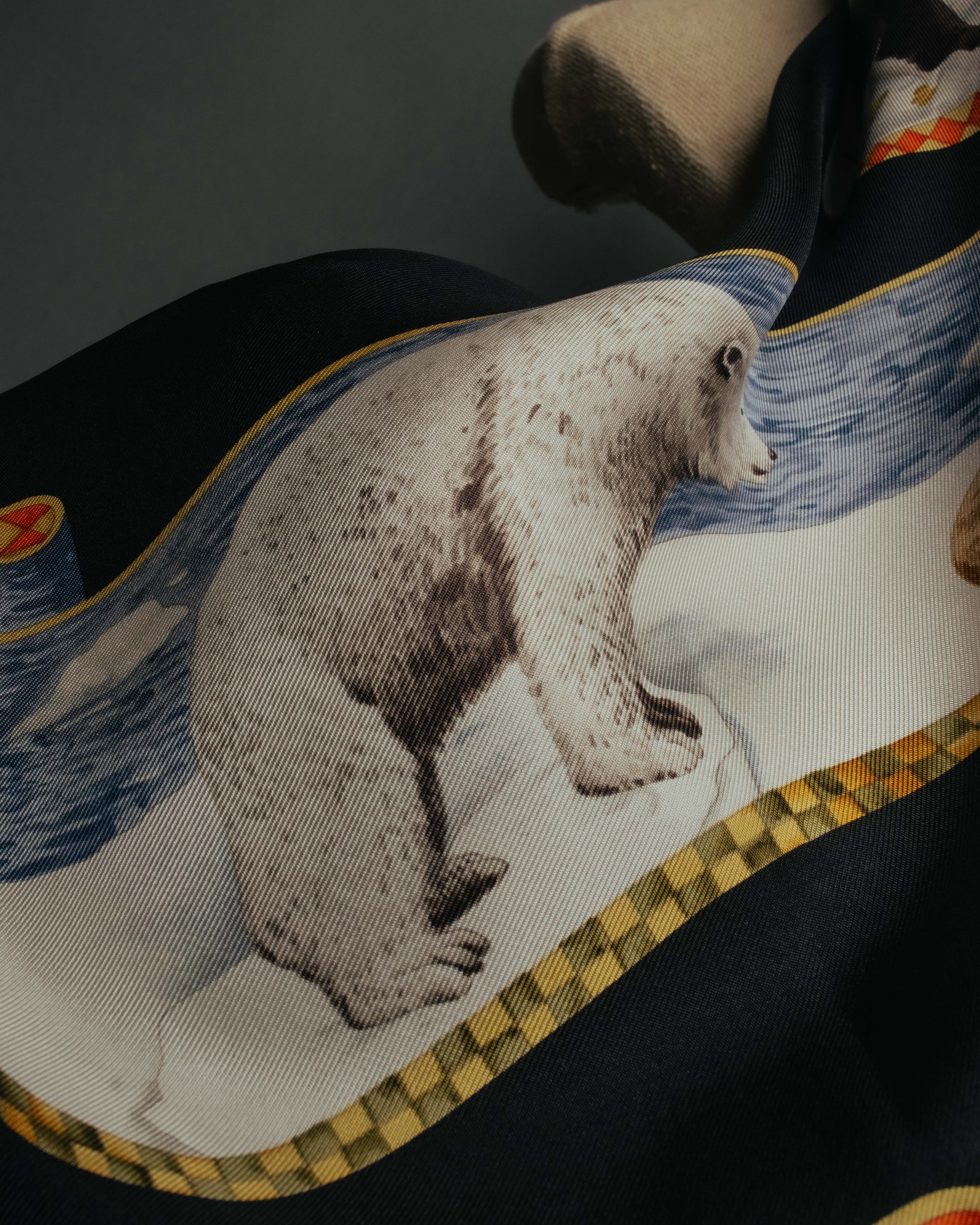 "Salvatore Ferragamo" 90's-00's Vintage arctic fauna and scrolling ribbon silk scarf