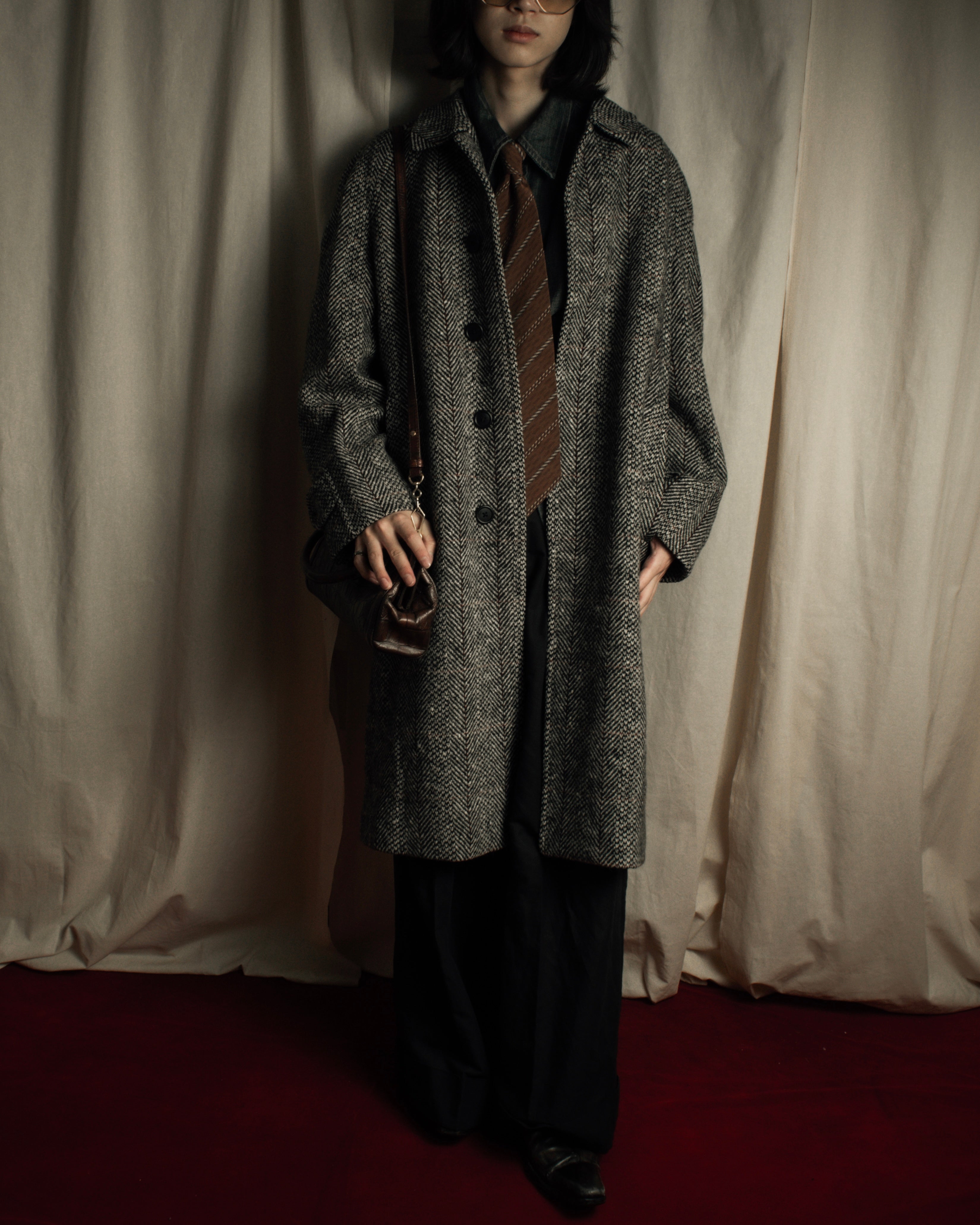 "BURBERRYS" British tweed fly front stand collar coat