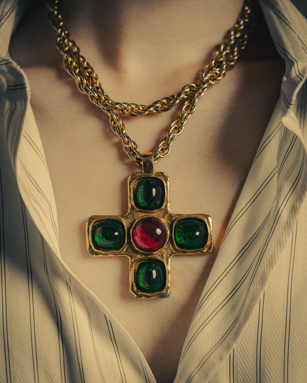 –SPECIAL– "CHANEL" 80's Gripoix Byzantine cross pendant necklace