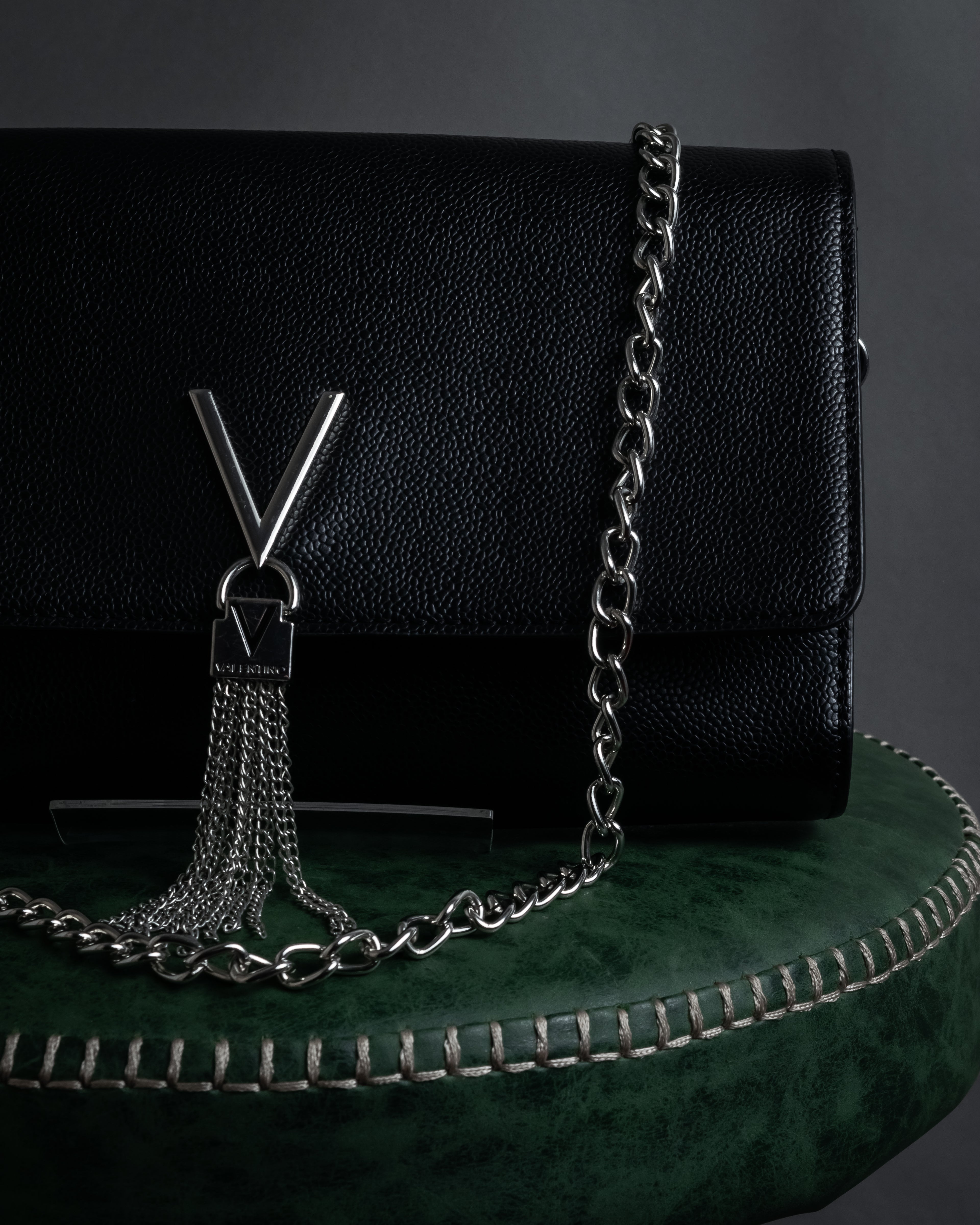 "VALENTINO" Textured leather V tassel chain shoulder bag