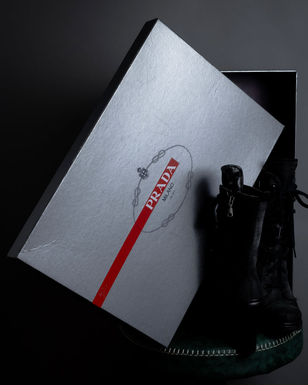 "PRADA" Military detail brushed leather lace-up long boots