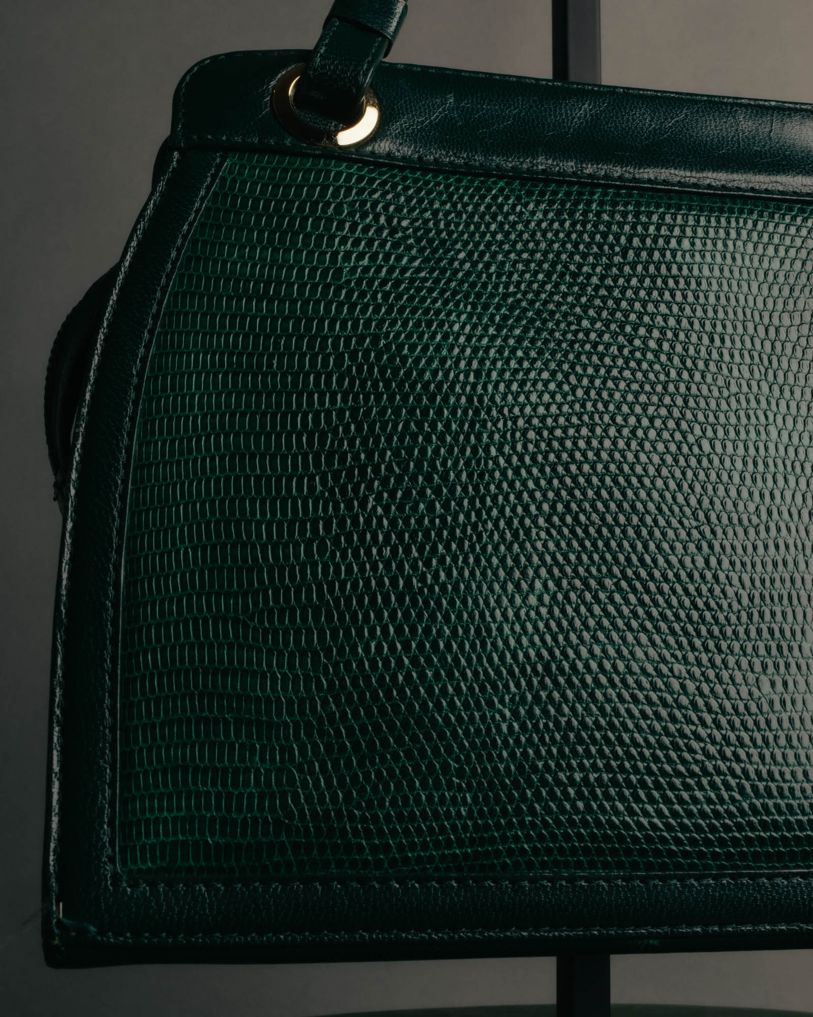 -SPECIAL- "Yves Saint Laurent" 80's-90's Glossy green exotic leather shoulder handbag
